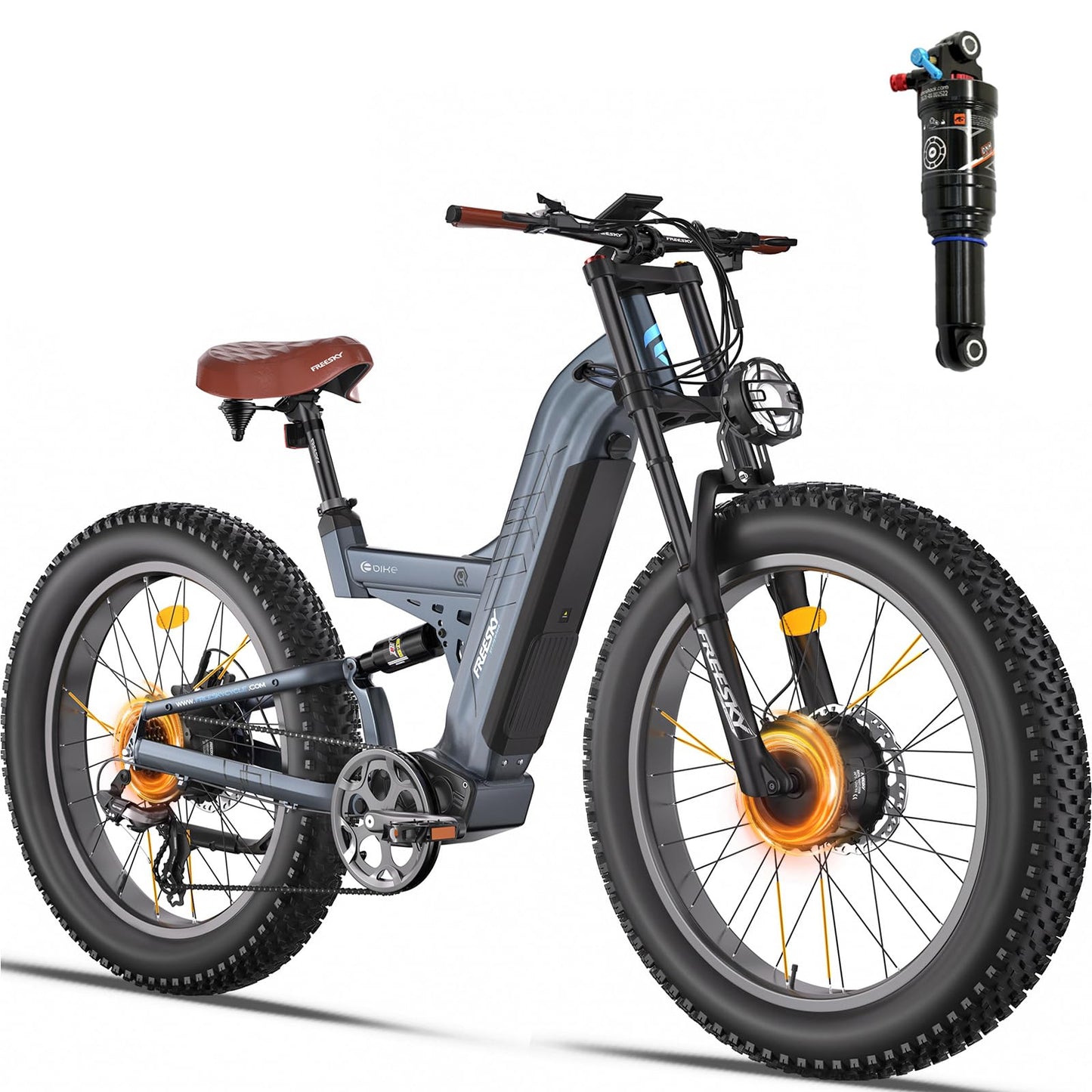 FREESKY Dual Motor Ebike 38+MPH 48V 30AH 2025 Upgraded AWD Peak 4000W Electric Mountain Bike for Adults 26" Fat Tire Long Range Full Suspension Off-Road with Dual Hydraulic Disc Brake Warrior PRO