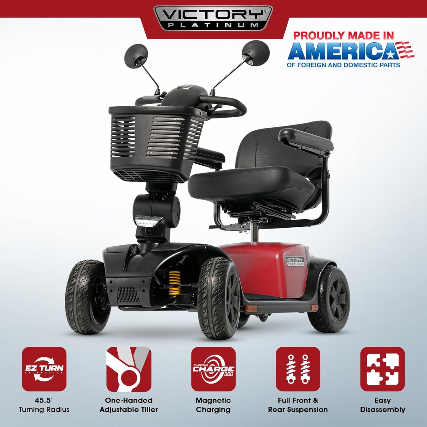 Pride Victory Platinum 4 Wheel Mobility Scooter + Rear Storage Pod, Phone Holder, Rear Basket, 400 Lbs Capacity, 18" or 20" Wide Seat, 15.5 Mile Range, Ext Warranty (Cardinal Red, 20" Wide Seat)
