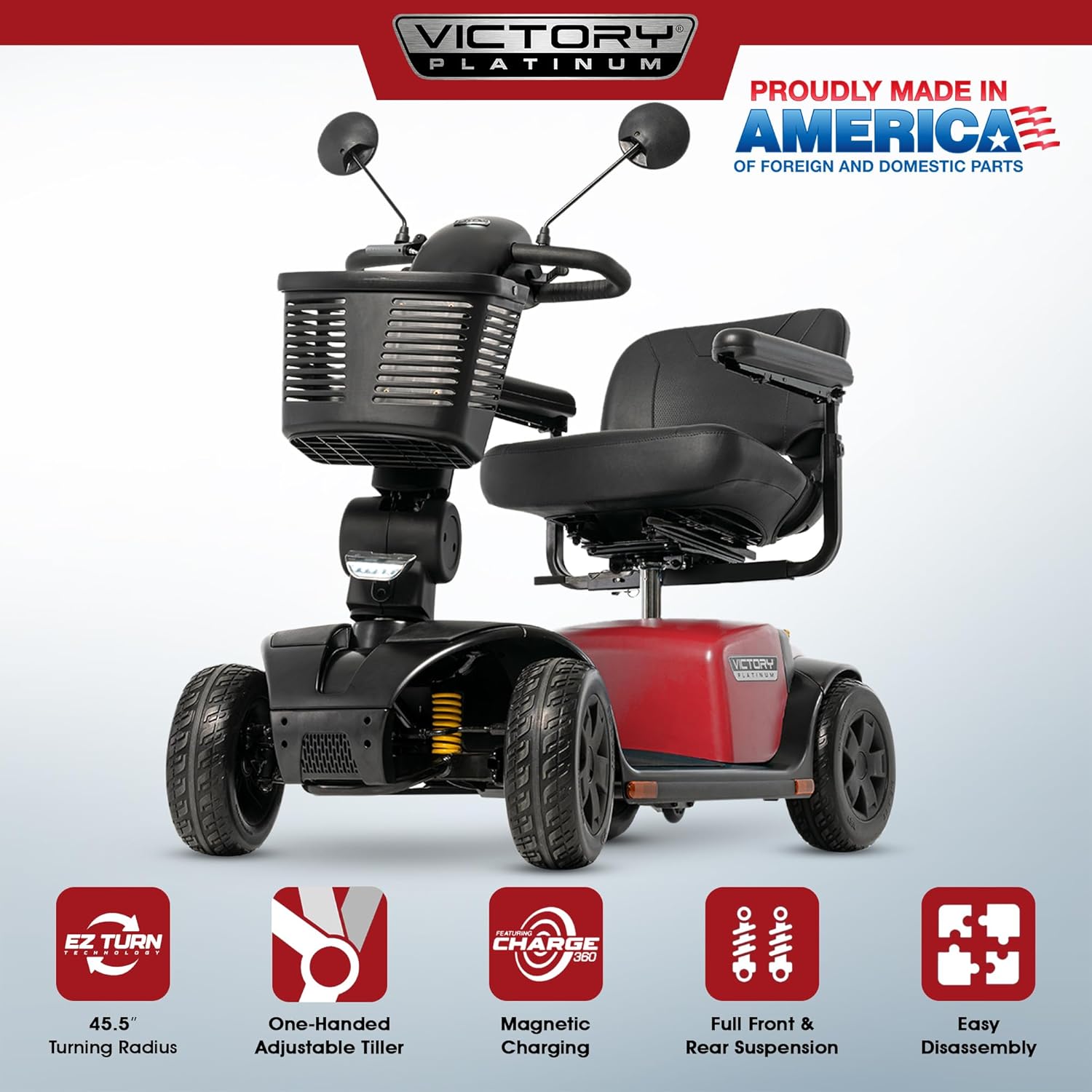 Pride Victory Platinum 4 Wheel Mobility Scooter + Rear Storage Pod, Phone Holder, Rear Basket, 400 Lbs Capacity, 18" or 20" Wide Seat, 15.5 Mile Range, Ext Warranty (Cardinal Red, 20" Wide Seat)