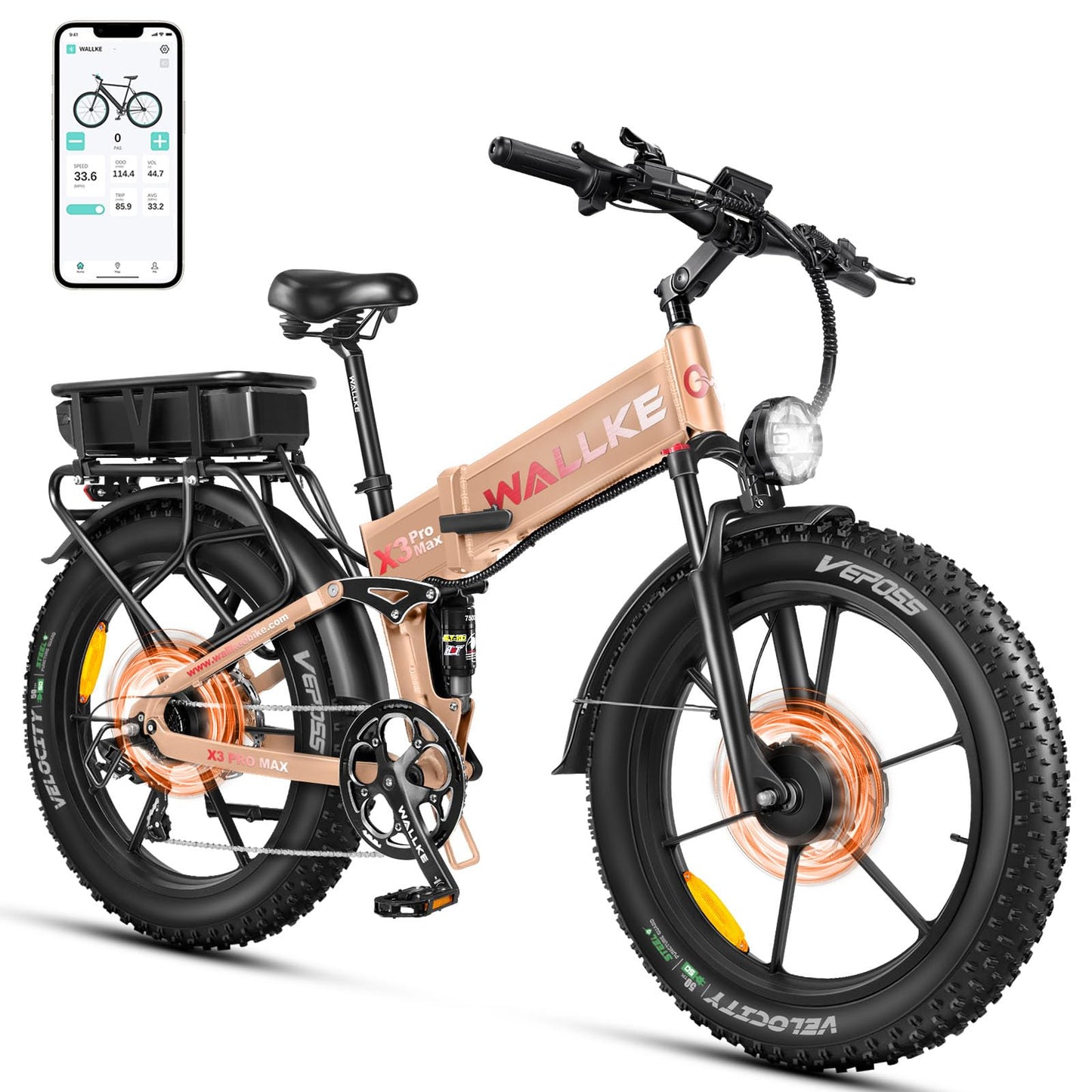 W Wallke Dual Motor 2800W Folding Mountain Electric Bike, 48V 44Ah/22Ah Battery Long Range E-Bike, 26" x 4" Fat Tire 31-35MPH Fast Adult Ebike, Full Suspension All Terrain Off Road Snow Beach, UL2849