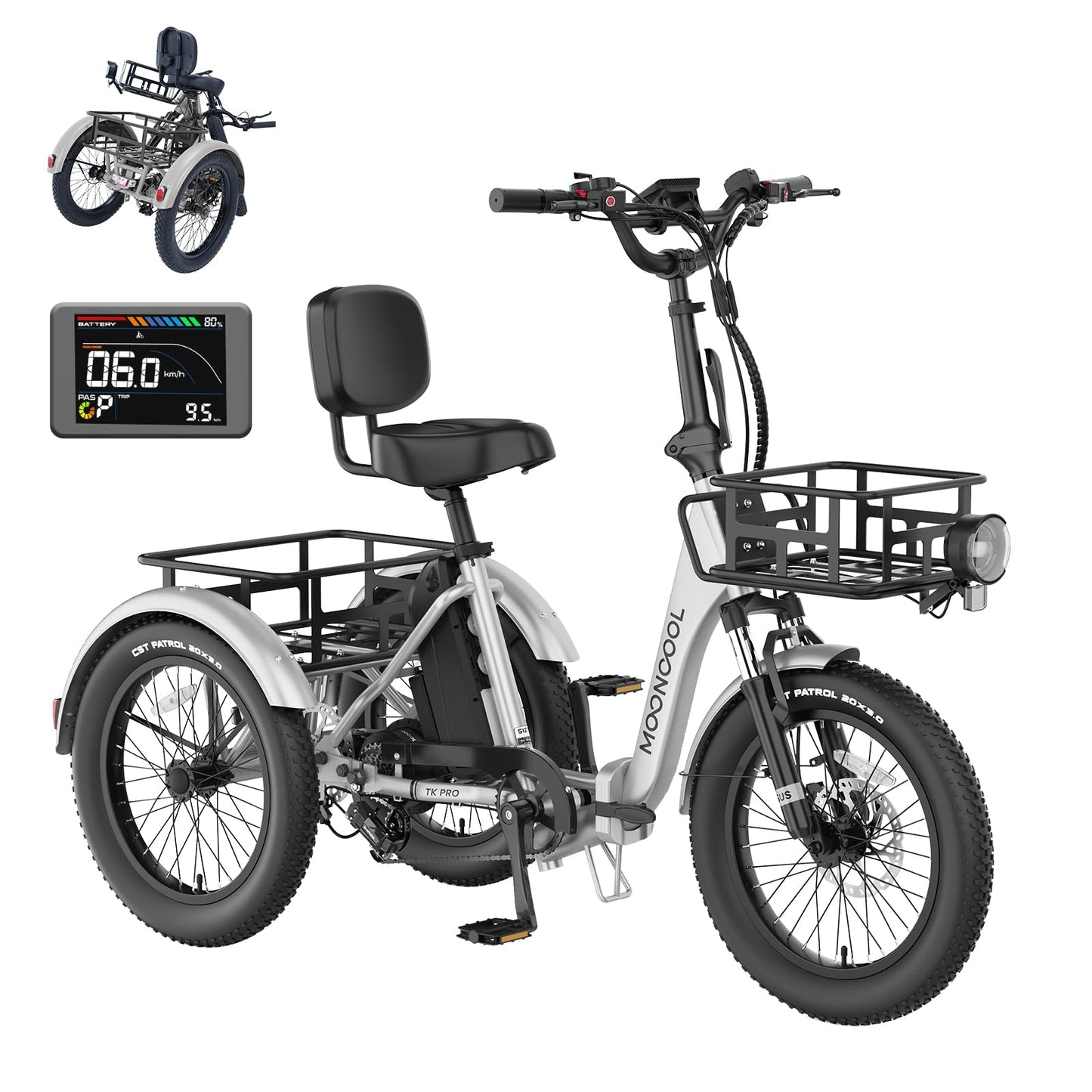 MOONCOOL Electric Trike, Electric Tricycle for Adults, 20" Folding 3 Wheels Electric Bicycle Bikes, 48V 500W/750W Motorized Ebike, Aluminum Frame, Removable Battery Basket