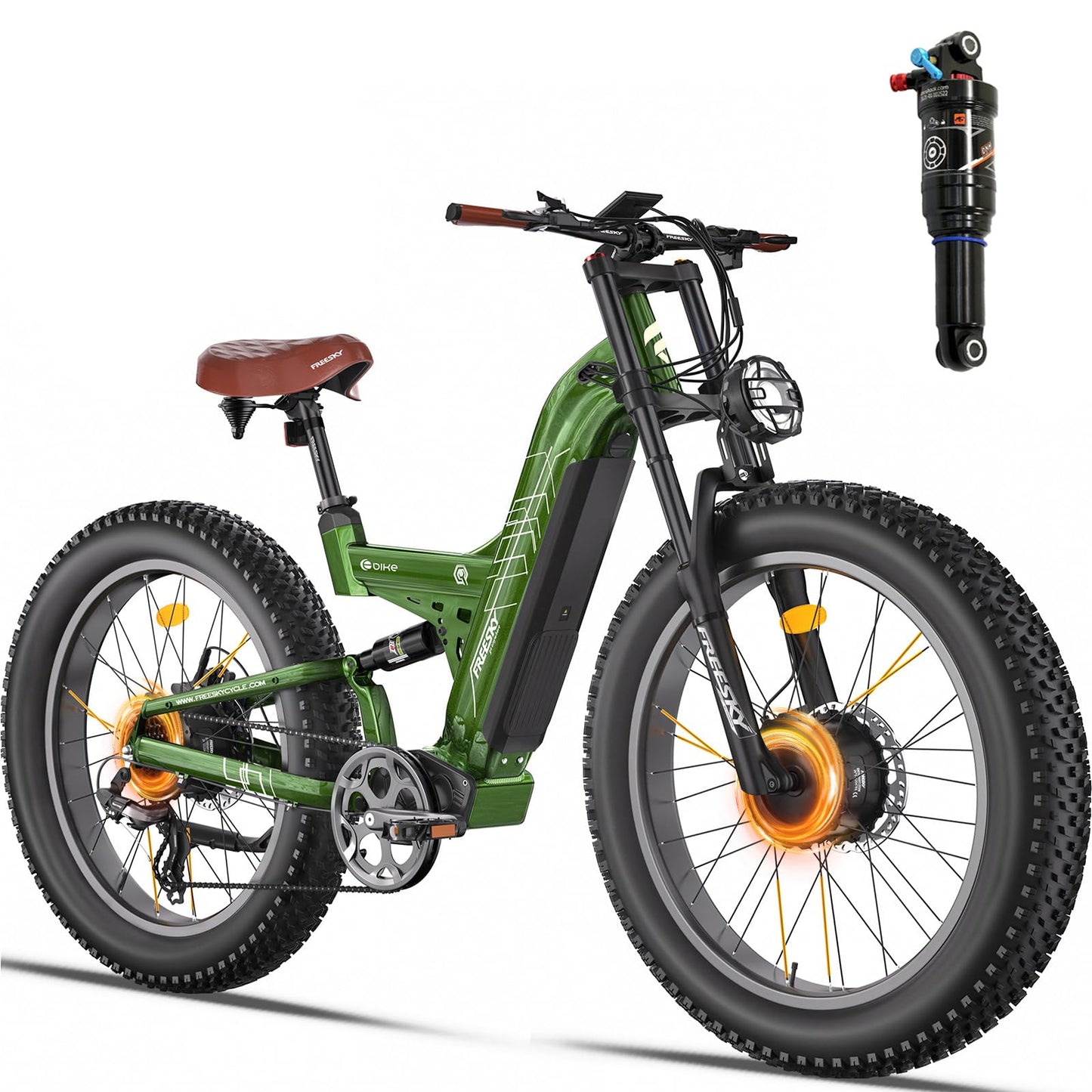 FREESKY Dual Motor Ebike 38+MPH 48V 30AH 2025 Upgraded AWD Peak 4000W Electric Mountain Bike for Adults 26" Fat Tire Long Range Full Suspension Off-Road with Dual Hydraulic Disc Brake Warrior PRO