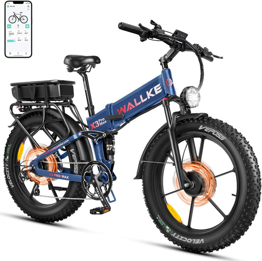 W Wallke Dual Motor 2800W Folding Mountain Electric Bike, 48V 44Ah/22Ah Battery Long Range E-Bike, 26" x 4" Fat Tire 31-35MPH Fast Adult Ebike, Full Suspension All Terrain Off Road Snow Beach, UL2849