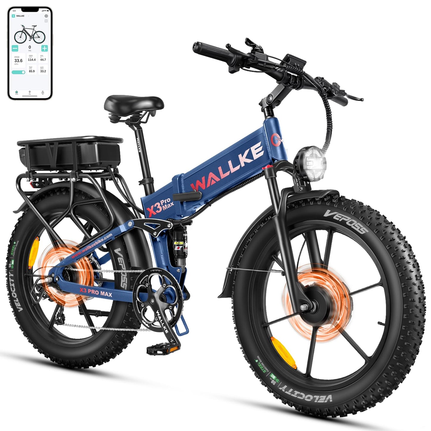W Wallke Dual Motor 2800W Folding Mountain Electric Bike, 48V 44Ah/22Ah Battery Long Range E-Bike, 26" x 4" Fat Tire 31-35MPH Fast Adult Ebike, Full Suspension All Terrain Off Road Snow Beach, UL2849