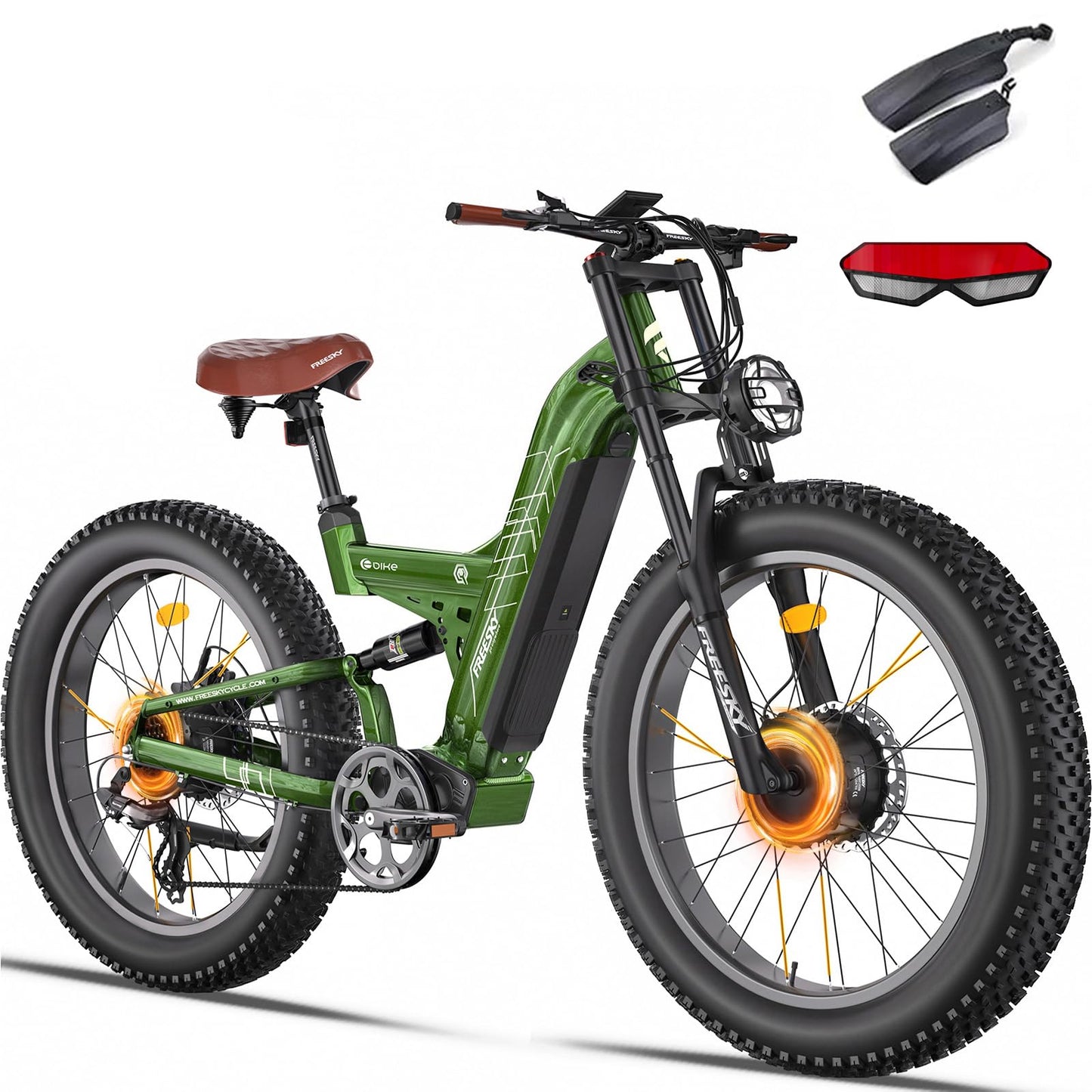 FREESKY Dual Motor Ebike 38+MPH 48V 30AH 2025 Upgraded AWD Peak 4000W Electric Mountain Bike for Adults 26" Fat Tire Long Range Full Suspension Off-Road with Dual Hydraulic Disc Brake Warrior PRO