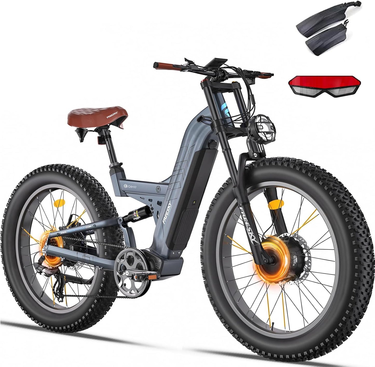 FREESKY Dual Motor Ebike 38+MPH 48V 30AH 2025 Upgraded AWD Peak 4000W Electric Mountain Bike for Adults 26" Fat Tire Long Range Full Suspension Off-Road with Dual Hydraulic Disc Brake Warrior PRO