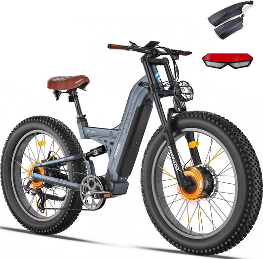 FREESKY Dual Motor Ebike 38+MPH 48V 30AH 2025 Upgraded AWD Peak 4000W Electric Mountain Bike for Adults 26" Fat Tire Long Range Full Suspension Off-Road with Dual Hydraulic Disc Brake Warrior PRO
