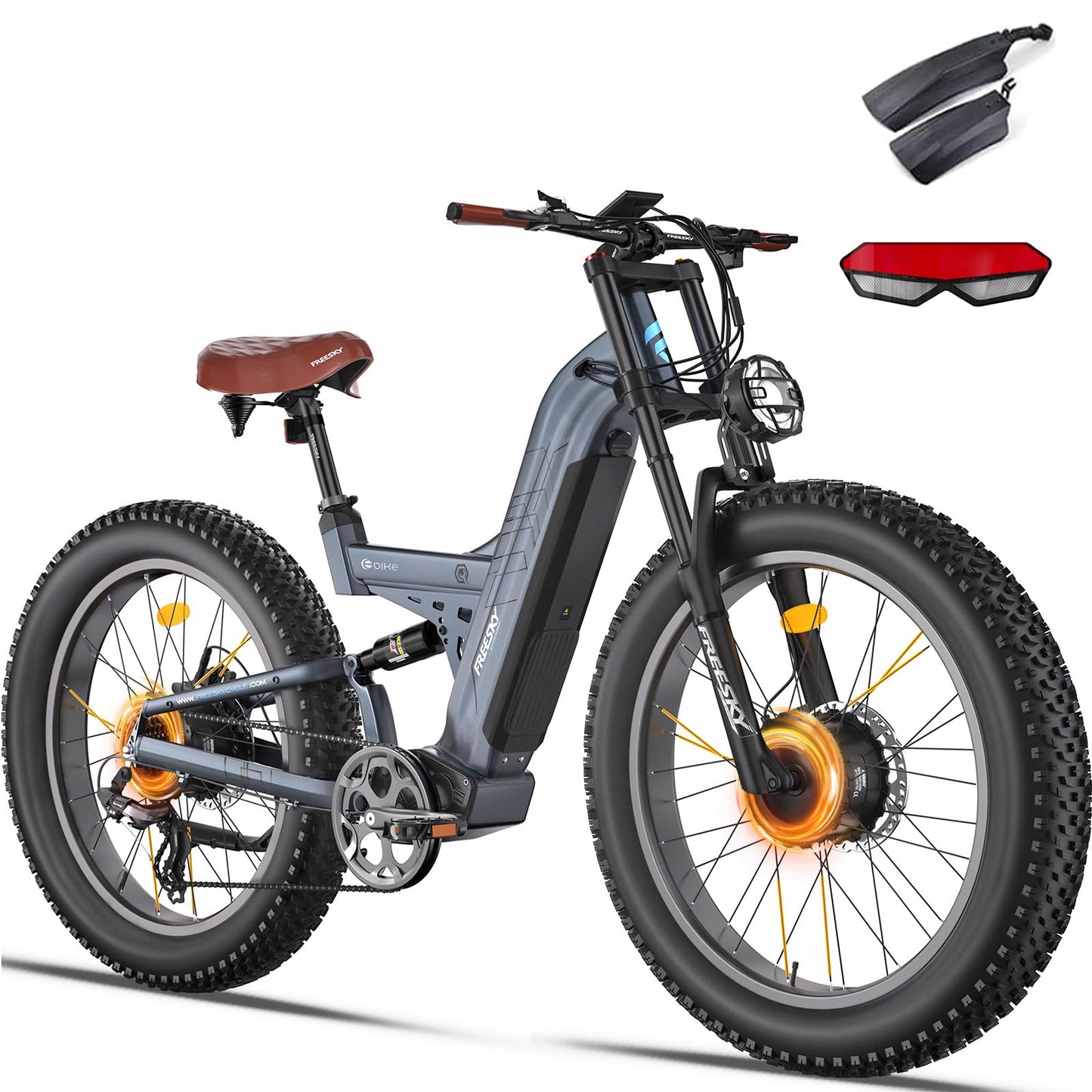 FREESKY Dual Motor Ebike 38+MPH 48V 30AH 2025 Upgraded AWD Peak 4000W Electric Mountain Bike for Adults 26" Fat Tire Long Range Full Suspension Off-Road with Dual Hydraulic Disc Brake Warrior PRO
