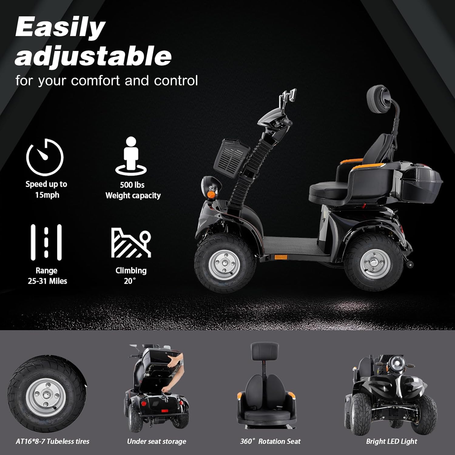 Heavy Duty 4 Wheels Mobility Scooter, All Terrain Electric Mobility Scooters for Seniors and Adults, 1000W Motor, Fat Tire, Adjustable Handle and Seats, 500lbs Capacity, 31-36 Miles of Range