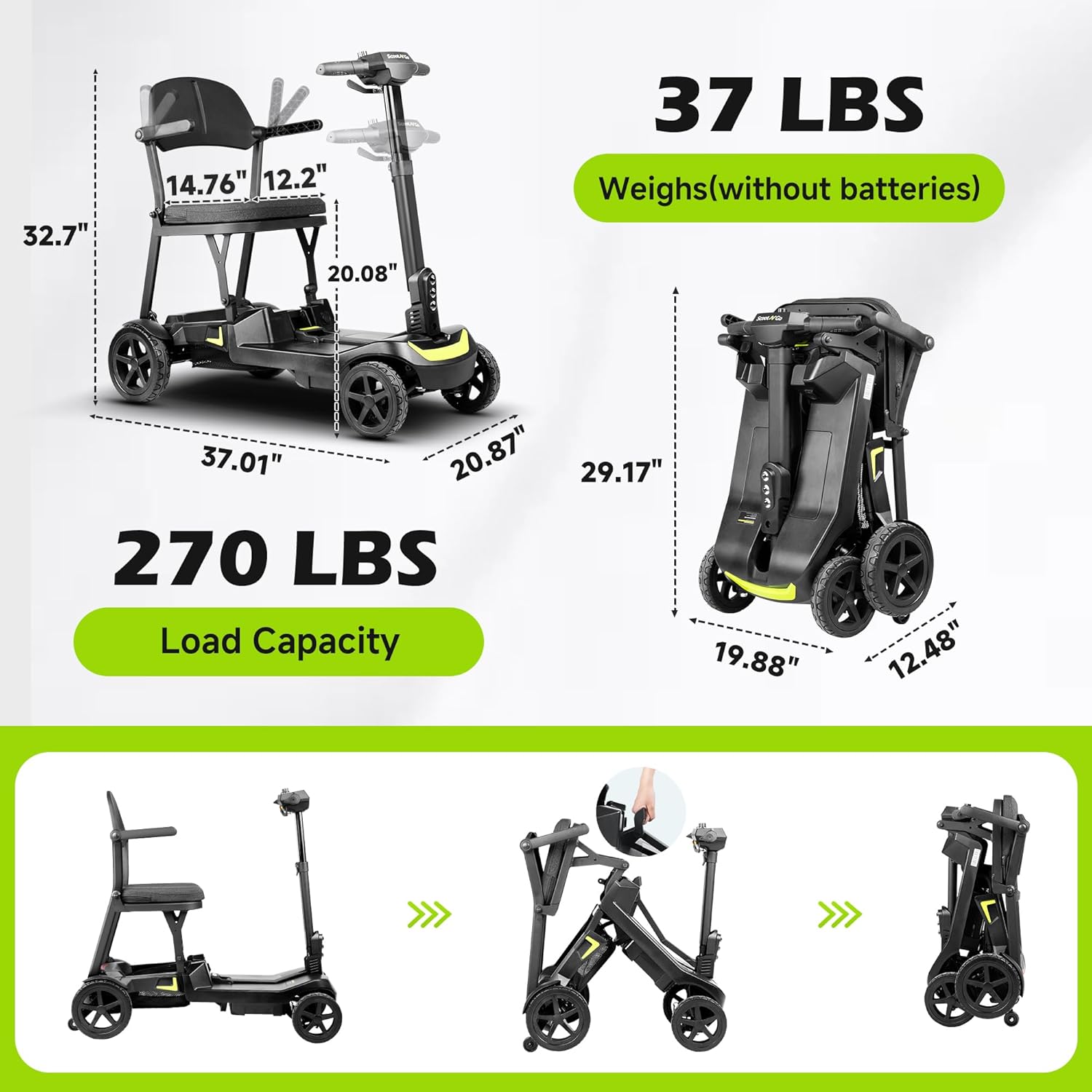 Mobility Scooters for Seniors & Adults, 4 Wheel Lightweight Foldable Mobility Scooter with Dual Removable Batteries, Electric Powered Airline Approved Travel, Long Range, 5 MPH, Black Red