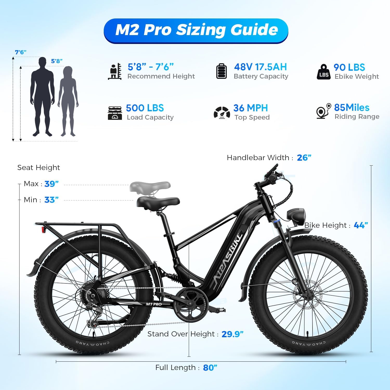 M1 Pro & M2 Pro Electric Bike Combo, 1800W Peak Motor Fat Tire EBikes for Adults, 36MPH Electric mountain Bike with 48V 17.5Ah Battery, 26" x 4.0" All-Terrain Tires, 7 Speed, 85 Miles Long Range