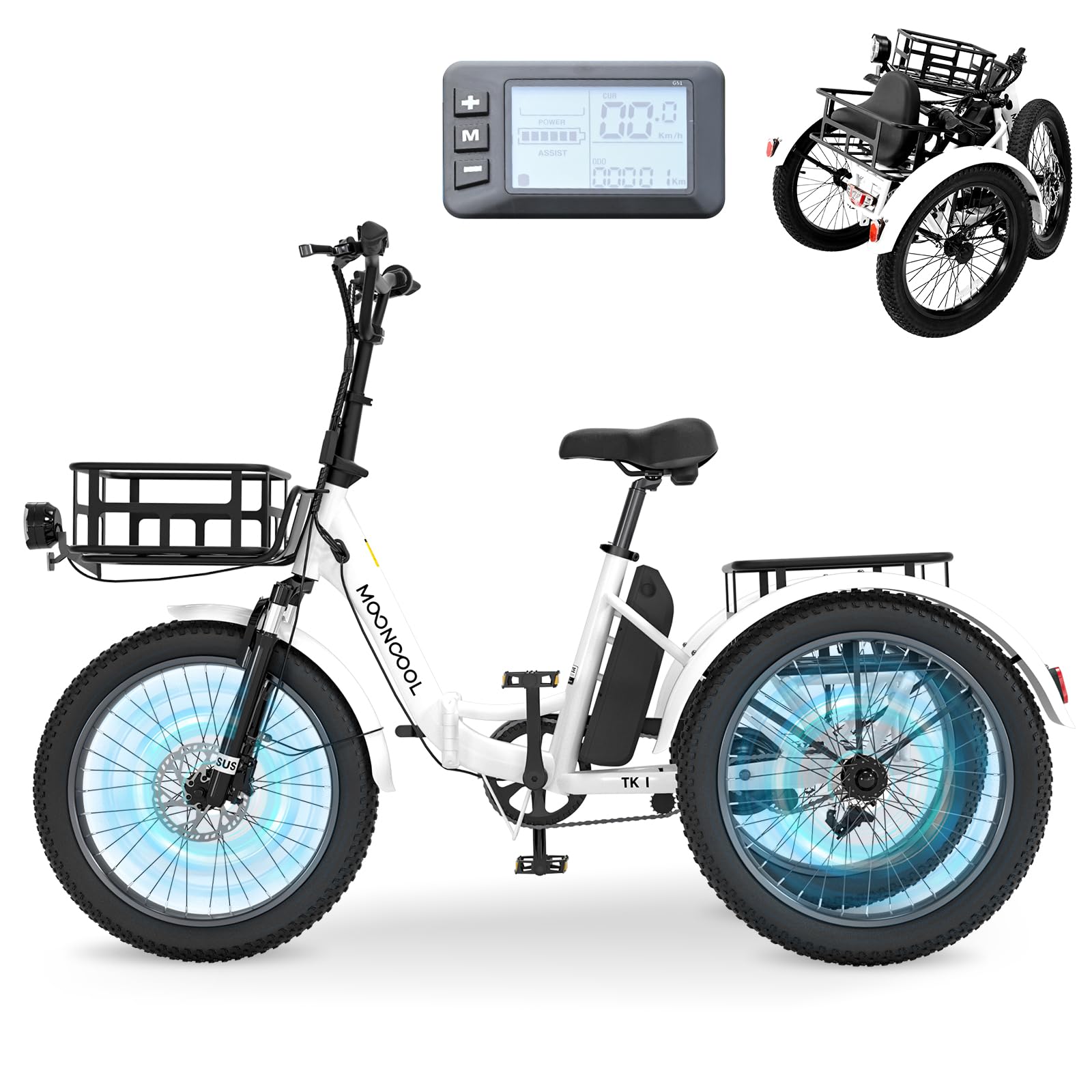 MOONCOOL Electric Trike, Electric Tricycle for Adults, 20" Folding 3 Wheels Electric Bicycle Bikes, 48V 500W/750W Motorized Ebike, Aluminum Frame, Removable Battery Basket