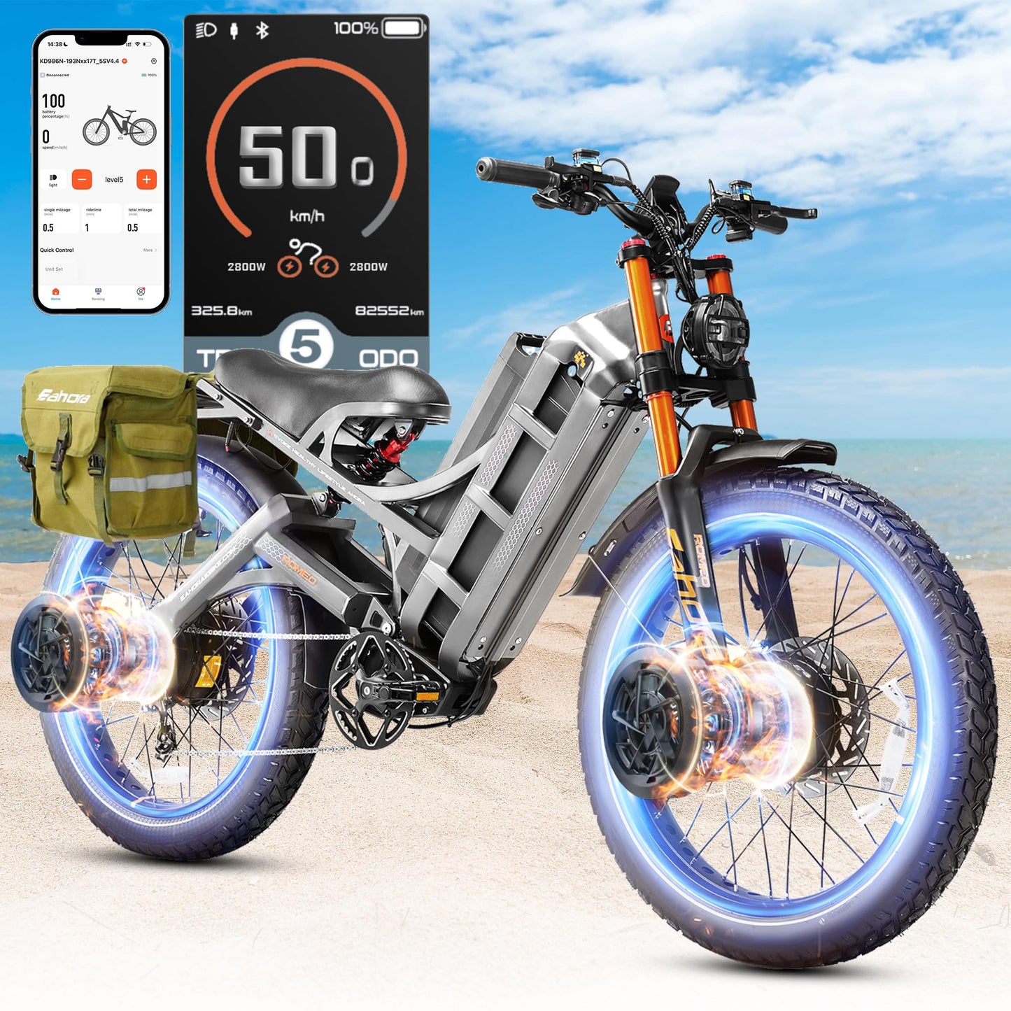 2025 Eahora Romeo Pro 2/Pro 3 46-50Mph Electric Bike for Adults, Peak 5600W/4000W Dual Motor Ebike, 60V 80Ah/52V 70Ah 235 Mile Long Range E Bike, 26*4.0" Fat Tire, Full Suspension, All Terrain, UL2849