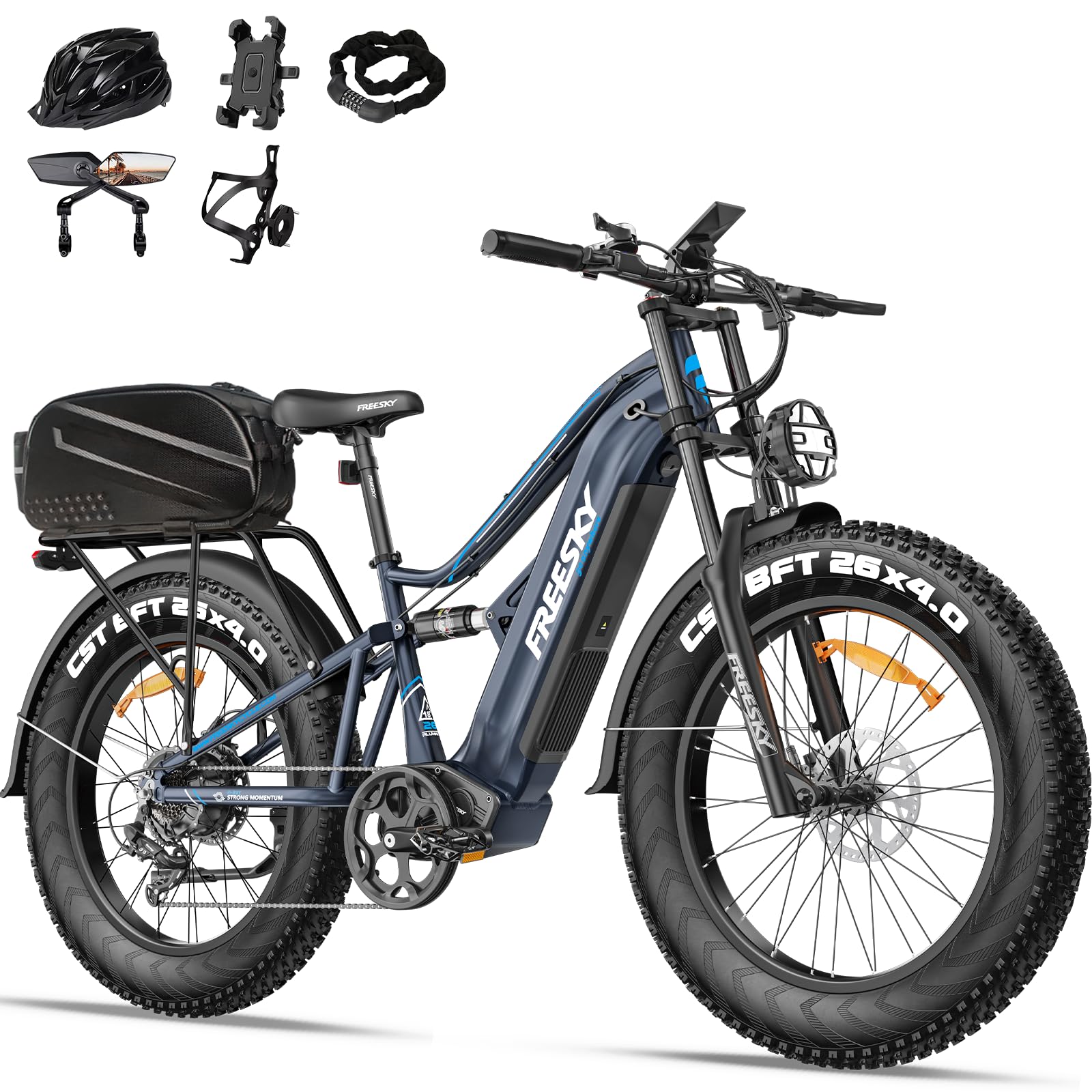 FREESKY 2000W Electric Bike with BAFANG Motor & 48V 30Ah Samsung Cells Battery, 35MPH Max Speed, 120 Miles Range, Full Suspension Mountain Ebike for Adult, 26" Fat Tires, Smart Keys, Hydraulic Brakes