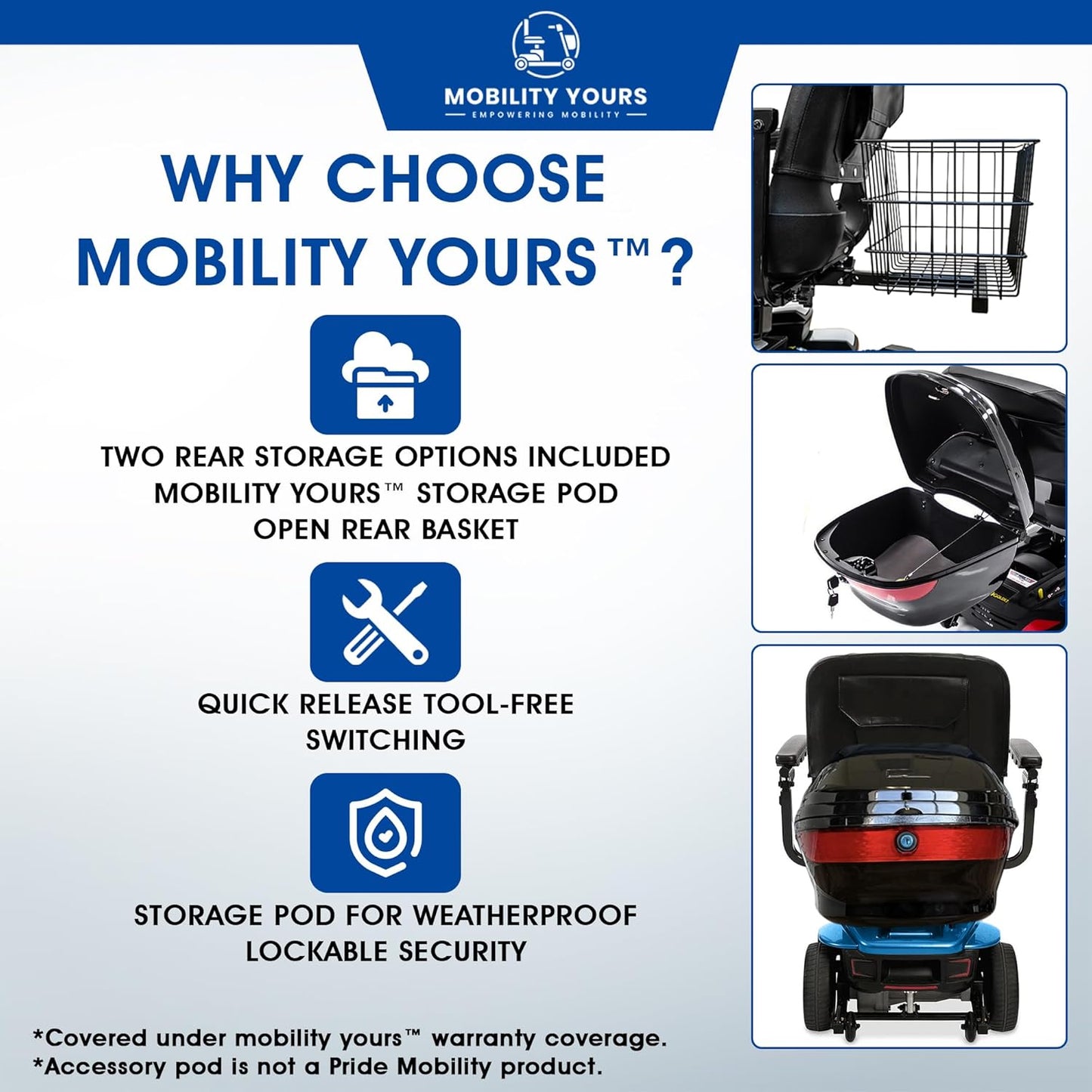 Storage Pod + Pride Moobility Revo 2.0, Heavy Duty 4 Wheel Mobility Scooter for Adults, 400 lb Capacity, 20" Wide Seat, LED, 17.8 Miles Per Charge, CTS Suspension, Service Warranty