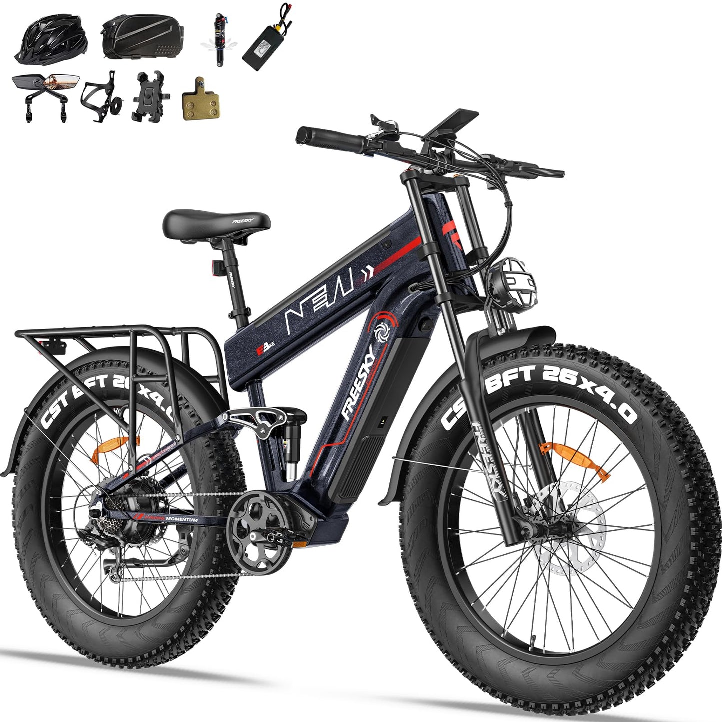 FREESKY 2025 Upgraded Dual Battery 48V 41AH Peak 2500W Motor 90-160 Miles Long Range Electric Bike for Adults 38MPH+ 26" Fat Tire Full Suspension EBike with Dual Hydraulic Brakes