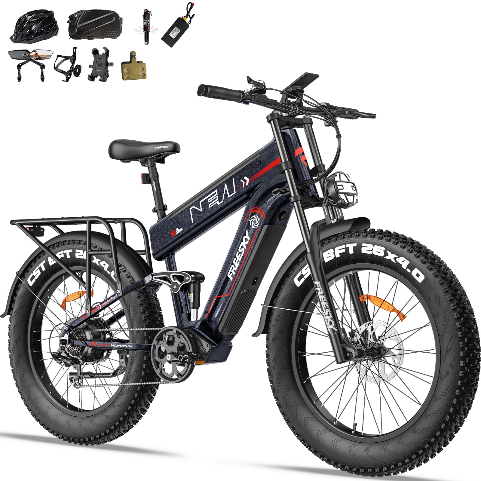 FREESKY 2025 Upgraded Dual Battery 48V 41AH Peak 2500W Motor 90-160 Miles Long Range Electric Bike for Adults 38MPH+ 26" Fat Tire Full Suspension EBike with Dual Hydraulic Brakes
