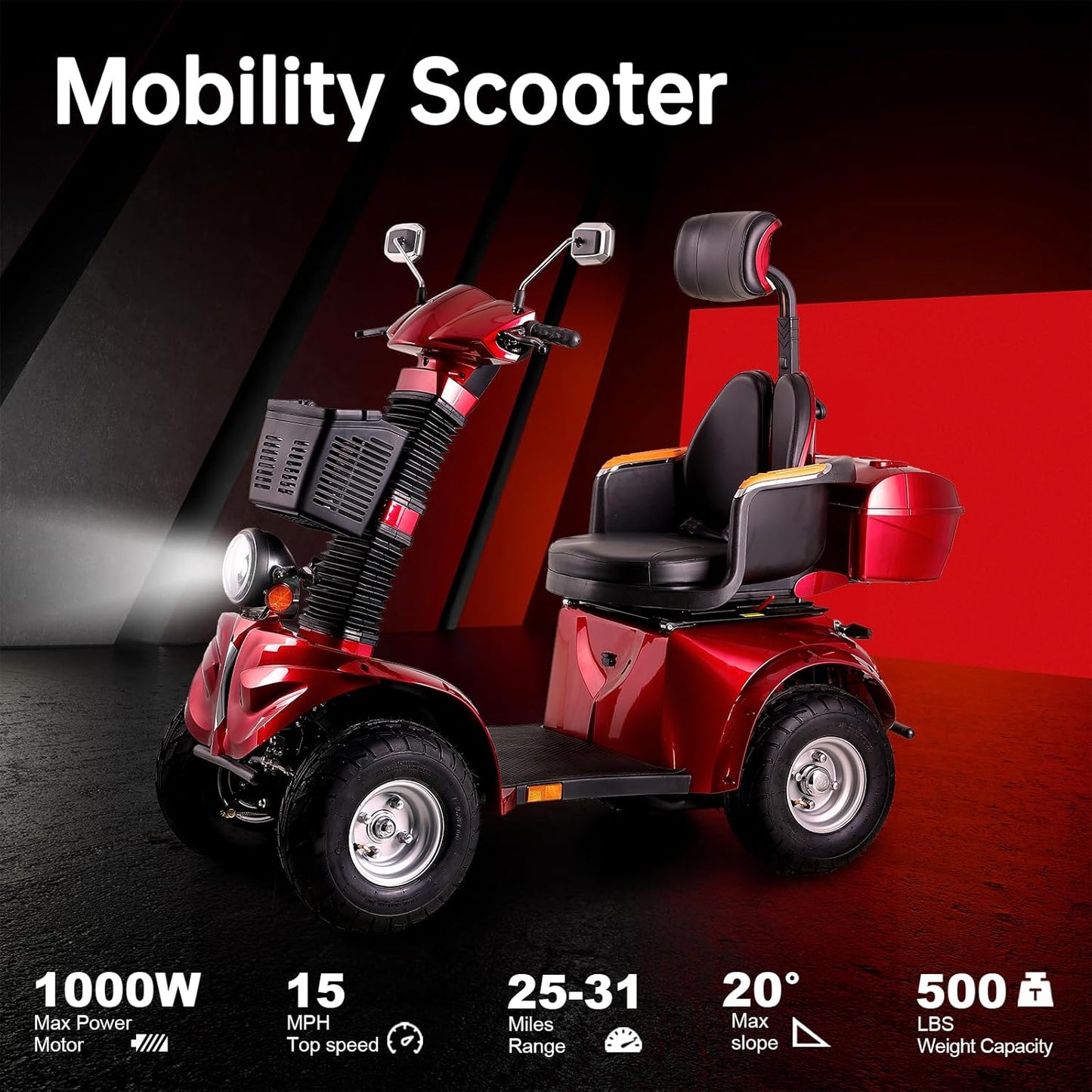 Heavy Duty Mobility Scooters for Seniors & Adults 500lbs Capacity - Electric Powered Motorized Scooter - 1000W All Terrain Recreational Mobility Scooter for Travel Red