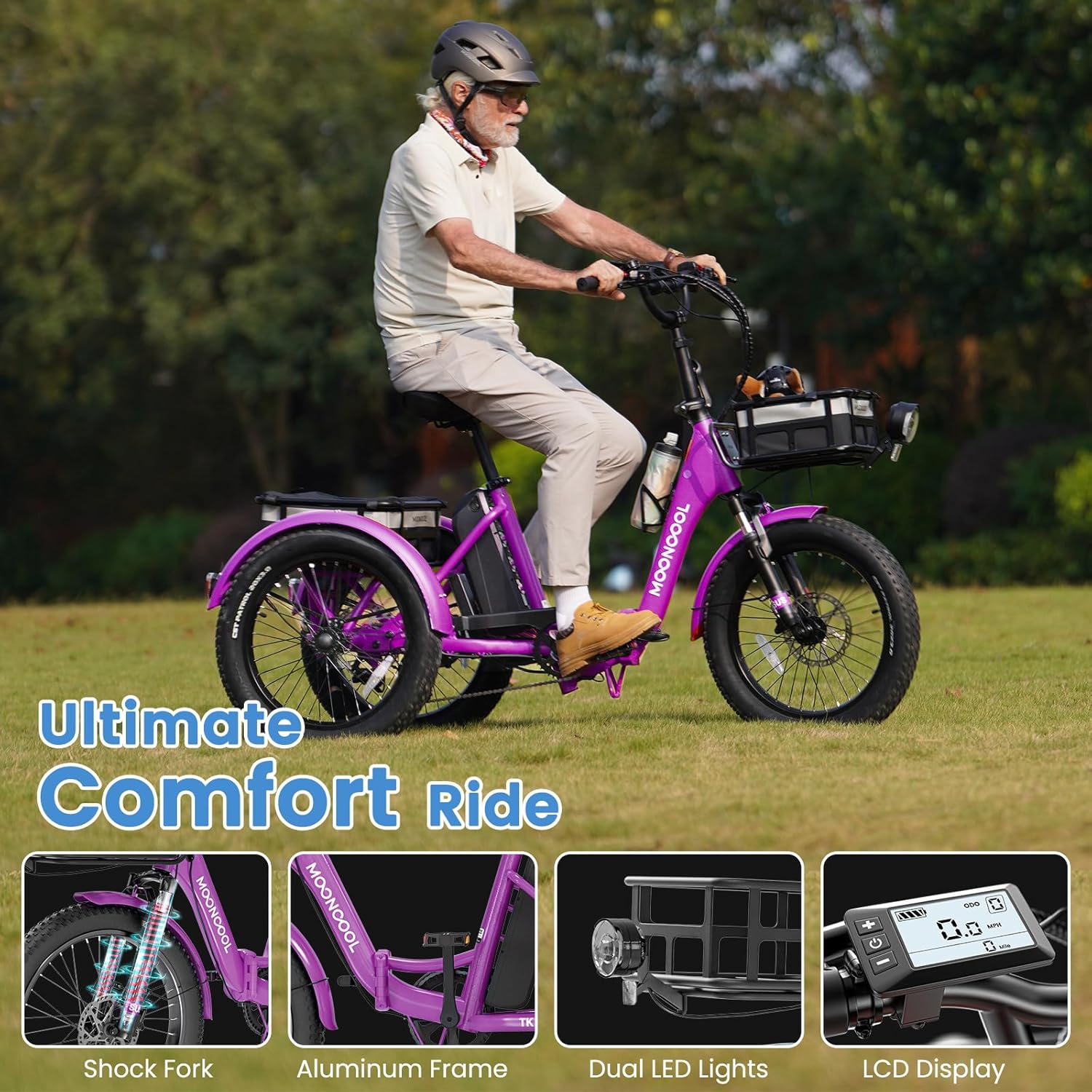 MOONCOOL Electric Trike, Electric Tricycle for Adults, 20" Folding 3 Wheels Electric Bicycle Bikes, 48V 500W/750W Motorized Ebike, Aluminum Frame, Removable Battery Basket