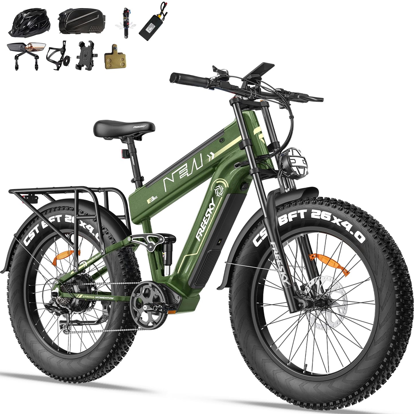 FREESKY 2025 Upgraded Dual Battery 48V 41AH Peak 2500W Motor 90-160 Miles Long Range Electric Bike for Adults 38MPH+ 26" Fat Tire Full Suspension EBike with Dual Hydraulic Brakes