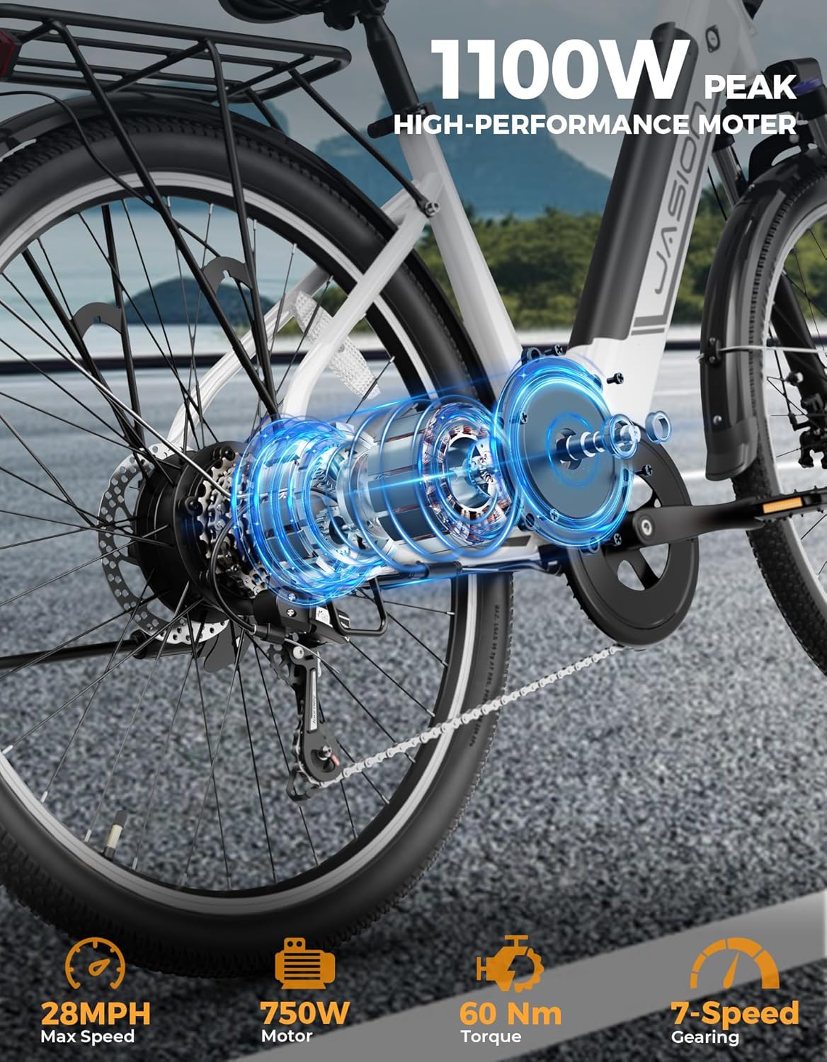 Jasion Roamer ST Electric Bike for Adults, 1200W Peak Motor Max 62miles & 28MPH City Cruiser Ebike,26'' Commuter Ebike, 528WH Removable Battery,7-Speed Electric Bicycles, Front Suspension Bicycles