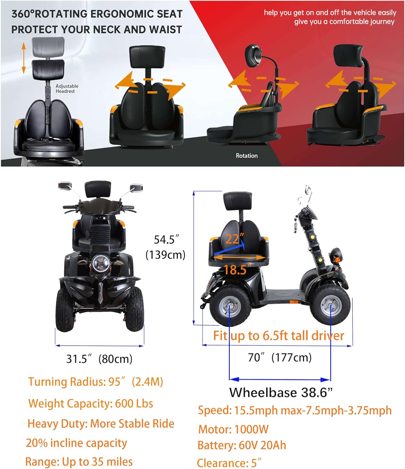 Mobility Scooters for Seniors & Adults 600lbs Capacity, Heavy Duty 4-Wheel 3-Speed Electric Powered Wheelchair Device 1000W All Terrain, Elderly-Lockbox Adjustable Seat (DJD Black 1000W)