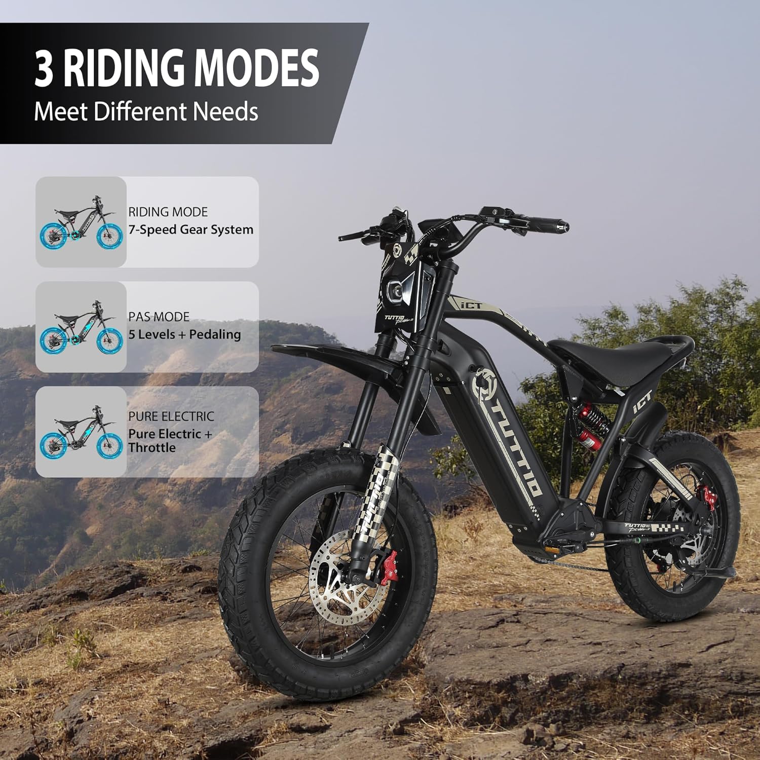 Electric-Dirt-Bike for Adults-Teens, ICT Peak 4000W-43MPH-60V-25AH Electric Motorcycle 20" Fat-Tire-Electric-Bike for Mountain Snow Off-Road Fit Age 16+