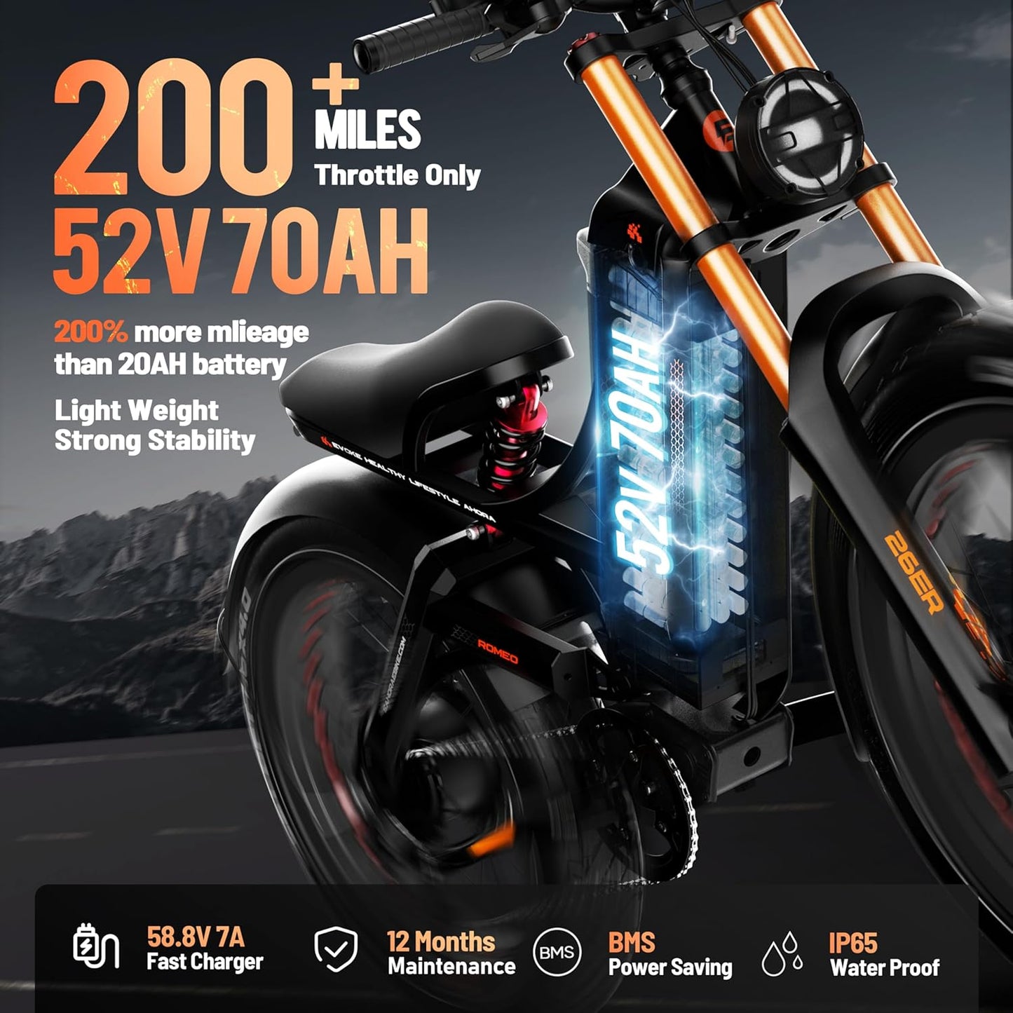 2025 Eahora Romeo Pro 2/Pro 3 46-50Mph Electric Bike for Adults, Peak 5600W/4000W Dual Motor Ebike, 60V 80Ah/52V 70Ah 235 Mile Long Range E Bike, 26*4.0" Fat Tire, Full Suspension, All Terrain, UL2849