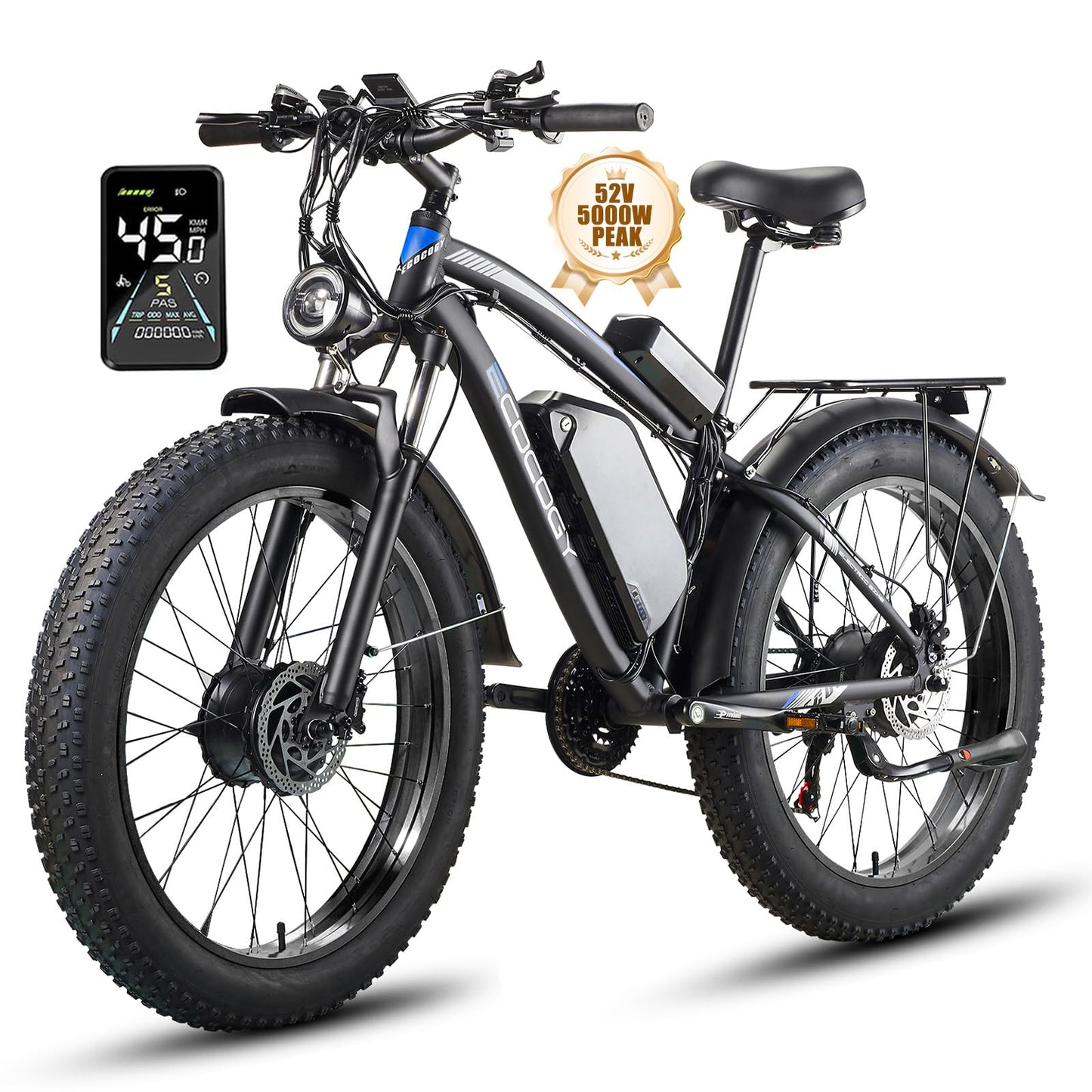 Dual Motor Electric Bikes for Adults, 5000W Peak Ebikes, 52V 32Ah, Max 40-45MPH &100 Miles E-Bike, Hydraulic Disc Brake , 26" Fat Tire Off Road Snow Mountain E-bikes, 7-Speed Pedal Assist Bicycle