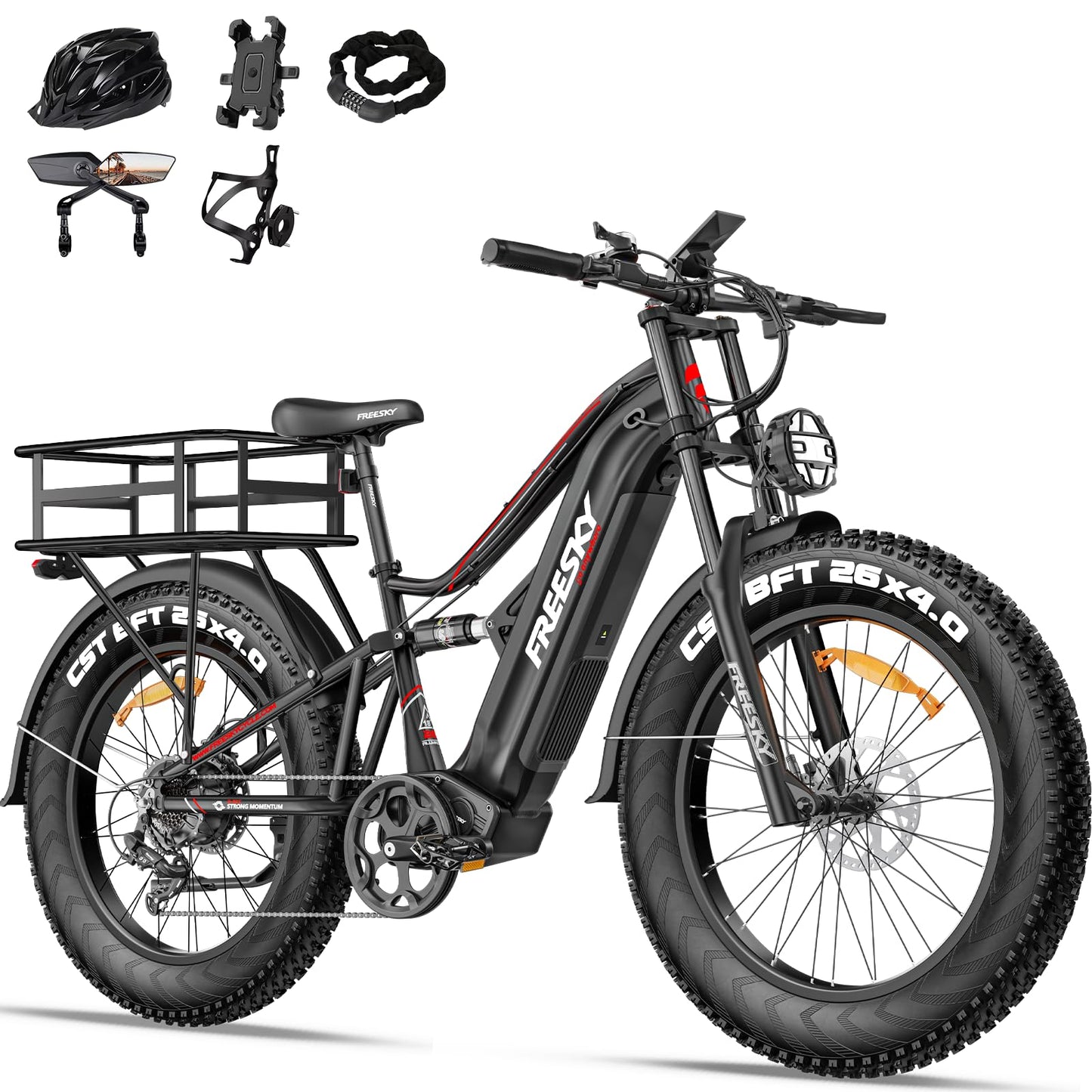 FREESKY 2000W Electric Bike with BAFANG Motor & 48V 30Ah Samsung Cells Battery, 35MPH Max Speed, 120 Miles Range, Full Suspension Mountain Ebike for Adult, 26" Fat Tires, Smart Keys, Hydraulic Brakes