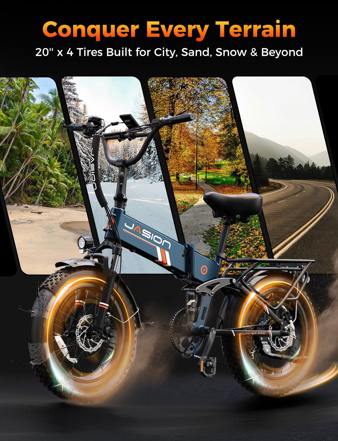 Jasion Hunter Pro Electric Bike for Adults, 1800W Peak Motor 80 Miles, up to 30+MPH,720WH Removable Battery Foldable Ebike,App Control & Full Suspension,20''*4.0 Fat Tire,Dual Hydraulic Brakes Bicycle