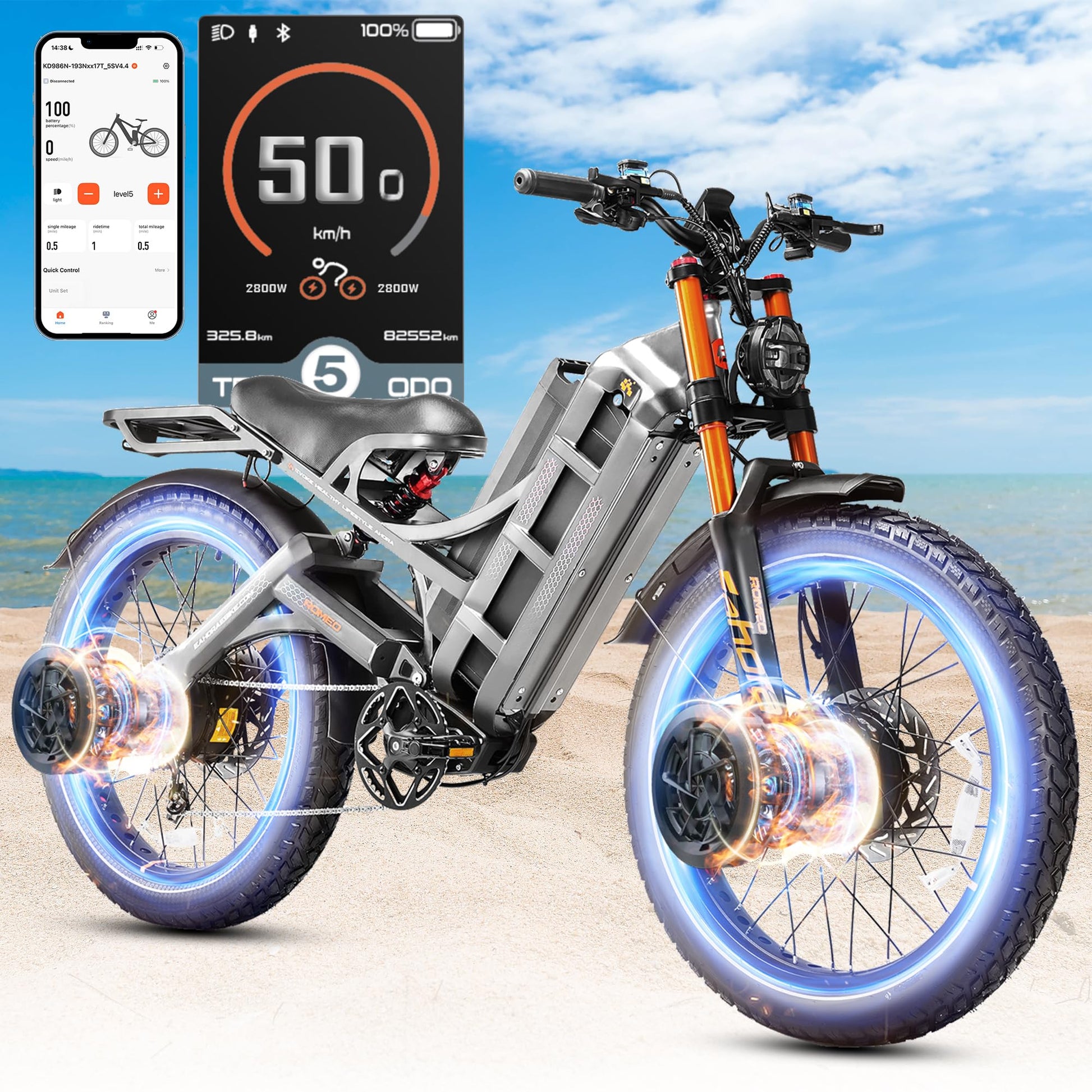 2025 Eahora Romeo Pro 2/Pro 3 46-50Mph Electric Bike for Adults, Peak 5600W/4000W Dual Motor Ebike, 60V 80Ah/52V 70Ah 235 Mile Long Range E Bike, 26*4.0" Fat Tire, Full Suspension, All Terrain, UL2849