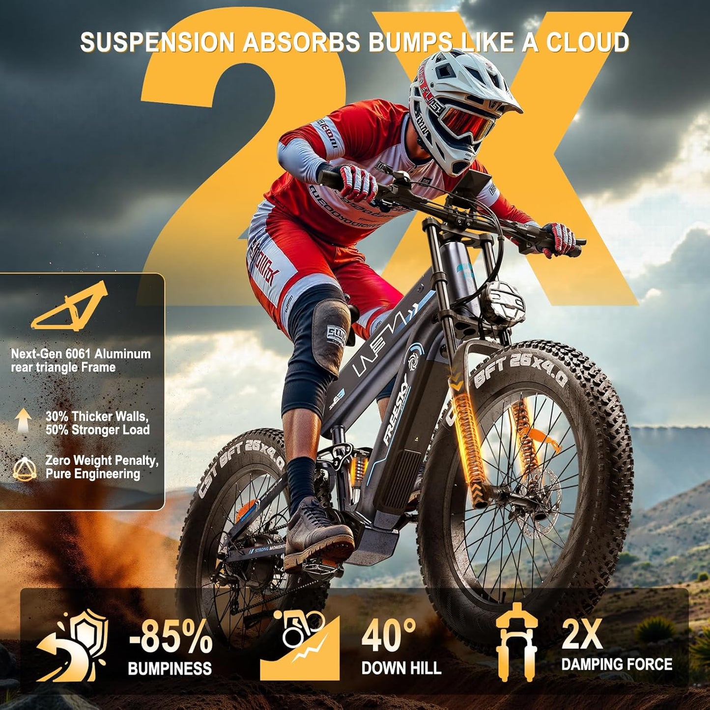 FREESKY 2025 Upgraded Dual Battery 48V 41AH Peak 2500W Motor 90-160 Miles Long Range Electric Bike for Adults 38MPH+ 26" Fat Tire Full Suspension EBike with Dual Hydraulic Brakes