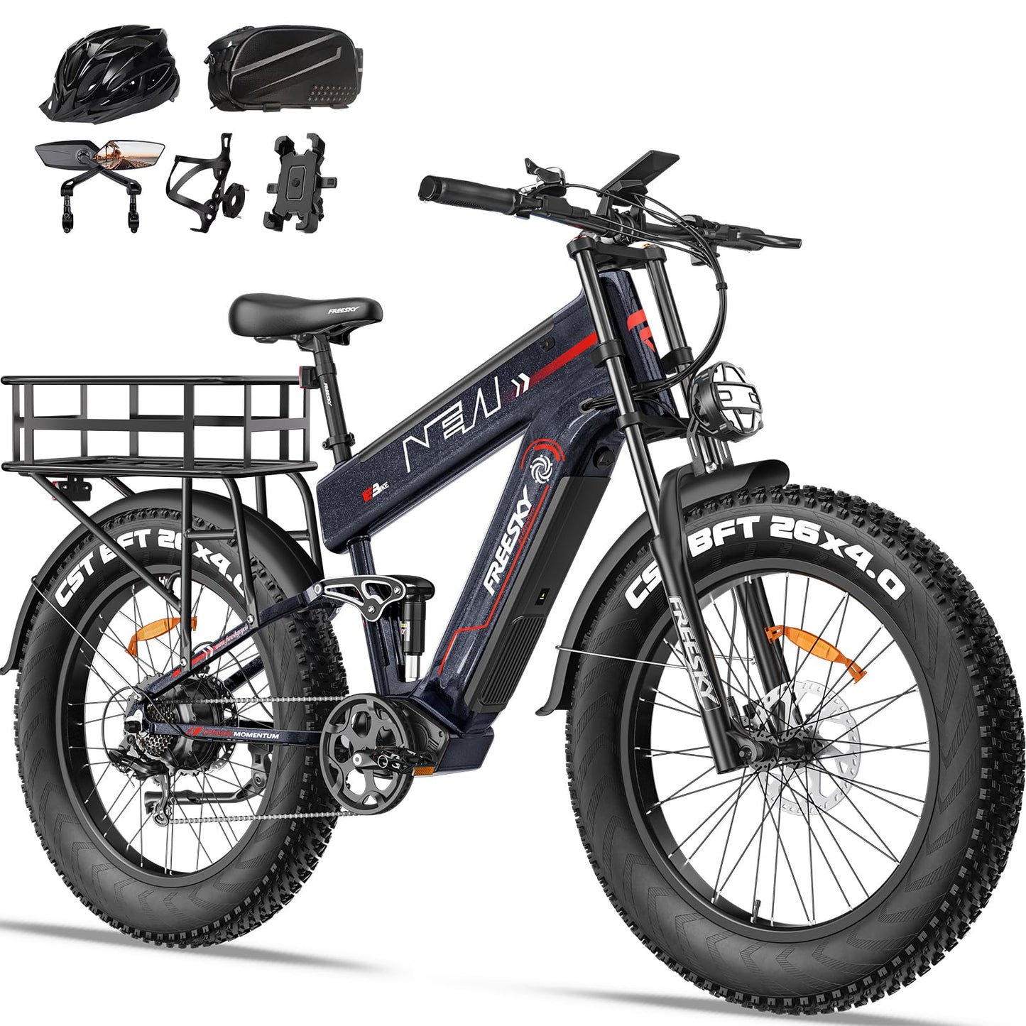 FREESKY 2025 Upgraded Dual Battery 48V 41AH Peak 2500W Motor 90-160 Miles Long Range Electric Bike for Adults 38MPH+ 26" Fat Tire Full Suspension EBike with Dual Hydraulic Brakes