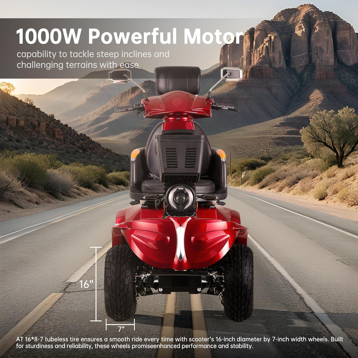 Heavy Duty Mobility Scooters for Seniors & Adults 500lbs Capacity - Electric Powered Motorized Scooter - 1000W All Terrain Recreational Mobility Scooter for Travel Red