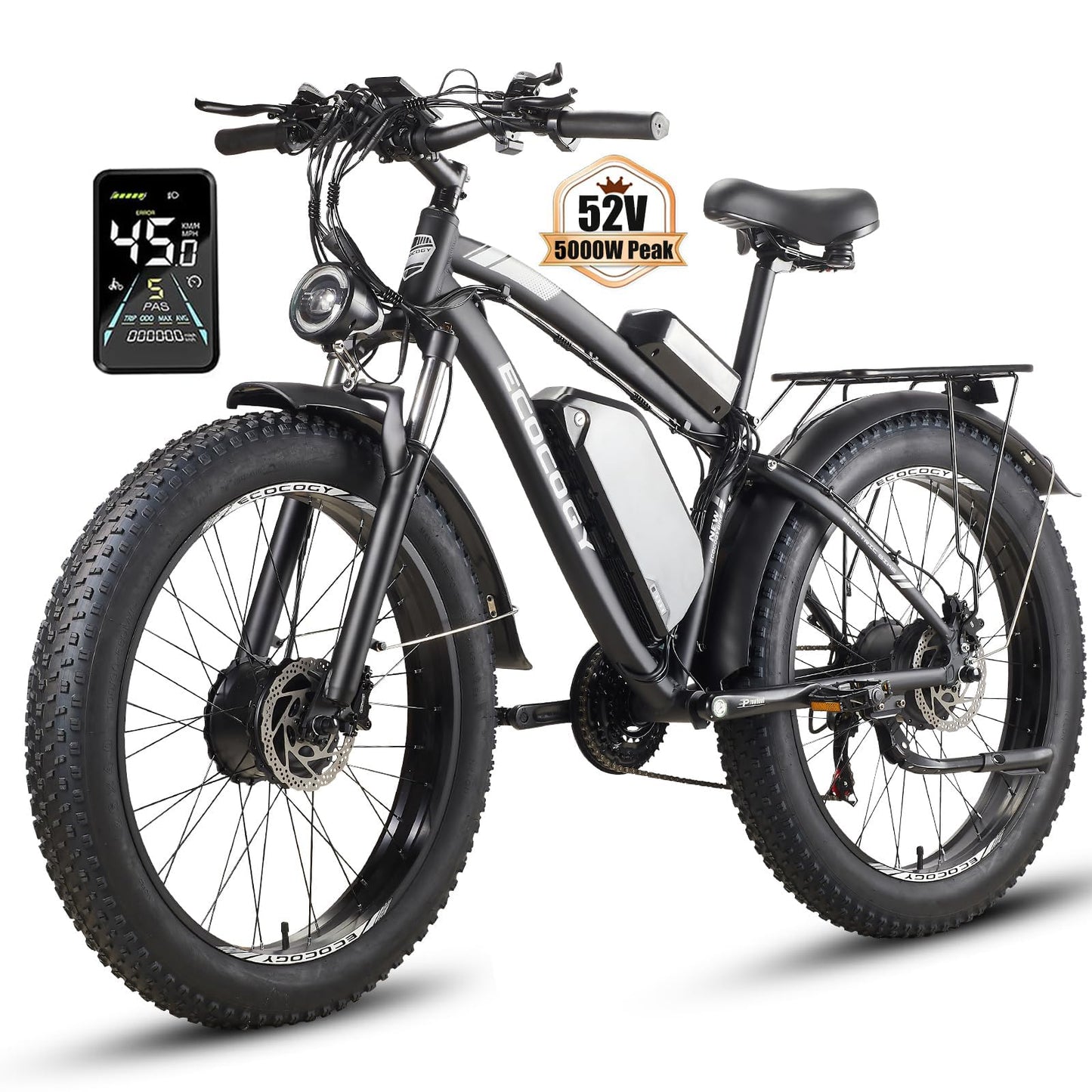 Dual Motor Electric Bikes for Adults, 5000W Peak Ebikes, 52V 32Ah, Max 40-45MPH &100 Miles E-Bike, Hydraulic Disc Brake , 26" Fat Tire Off Road Snow Mountain E-bikes, 7-Speed Pedal Assist Bicycle
