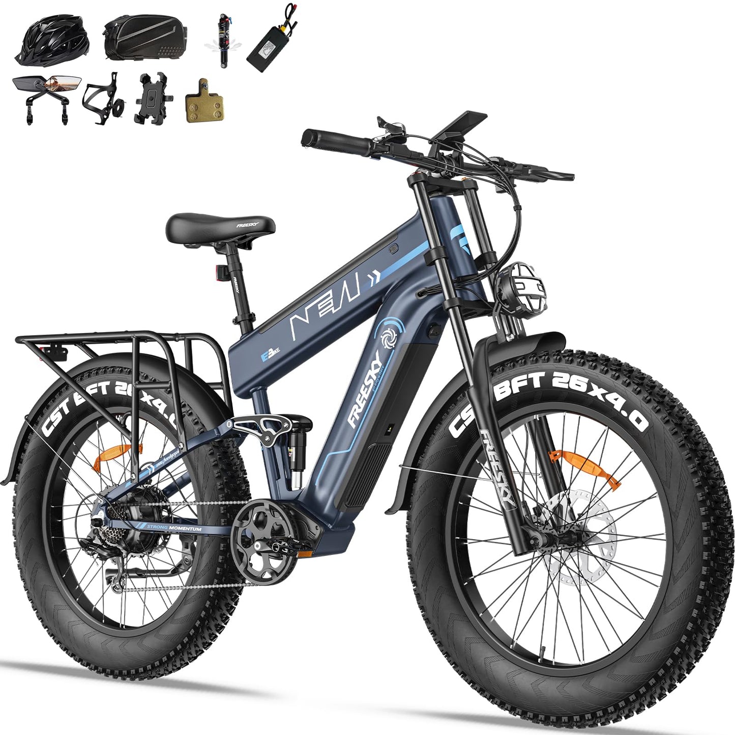 FREESKY 2025 Upgraded Dual Battery 48V 41AH Peak 2500W Motor 90-160 Miles Long Range Electric Bike for Adults 38MPH+ 26" Fat Tire Full Suspension EBike with Dual Hydraulic Brakes