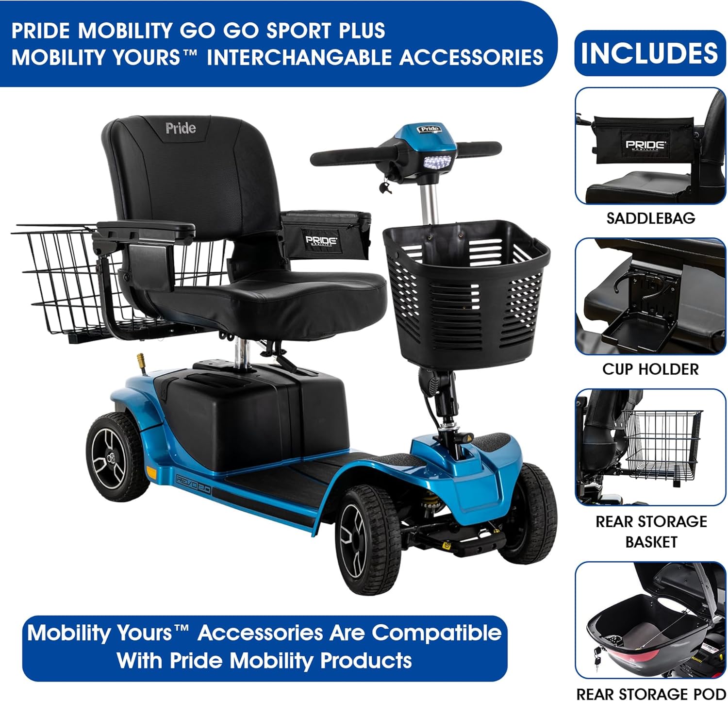 Storage Pod + Pride Moobility Revo 2.0, Heavy Duty 4 Wheel Mobility Scooter for Adults, 400 lb Capacity, 20" Wide Seat, LED, 17.8 Miles Per Charge, CTS Suspension, Service Warranty