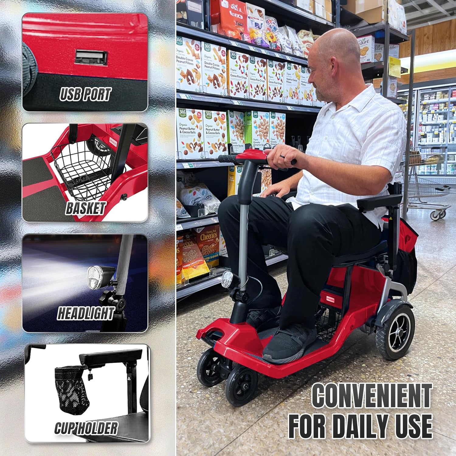 R3b-Mobility Scooters for Seniors Adults Ultra Lightweight Electric Powered Folding 4 Wheel Mobility Scooter with Headlight Cup Holder, Compact & Convenient for Travel Airline Approved, Red
