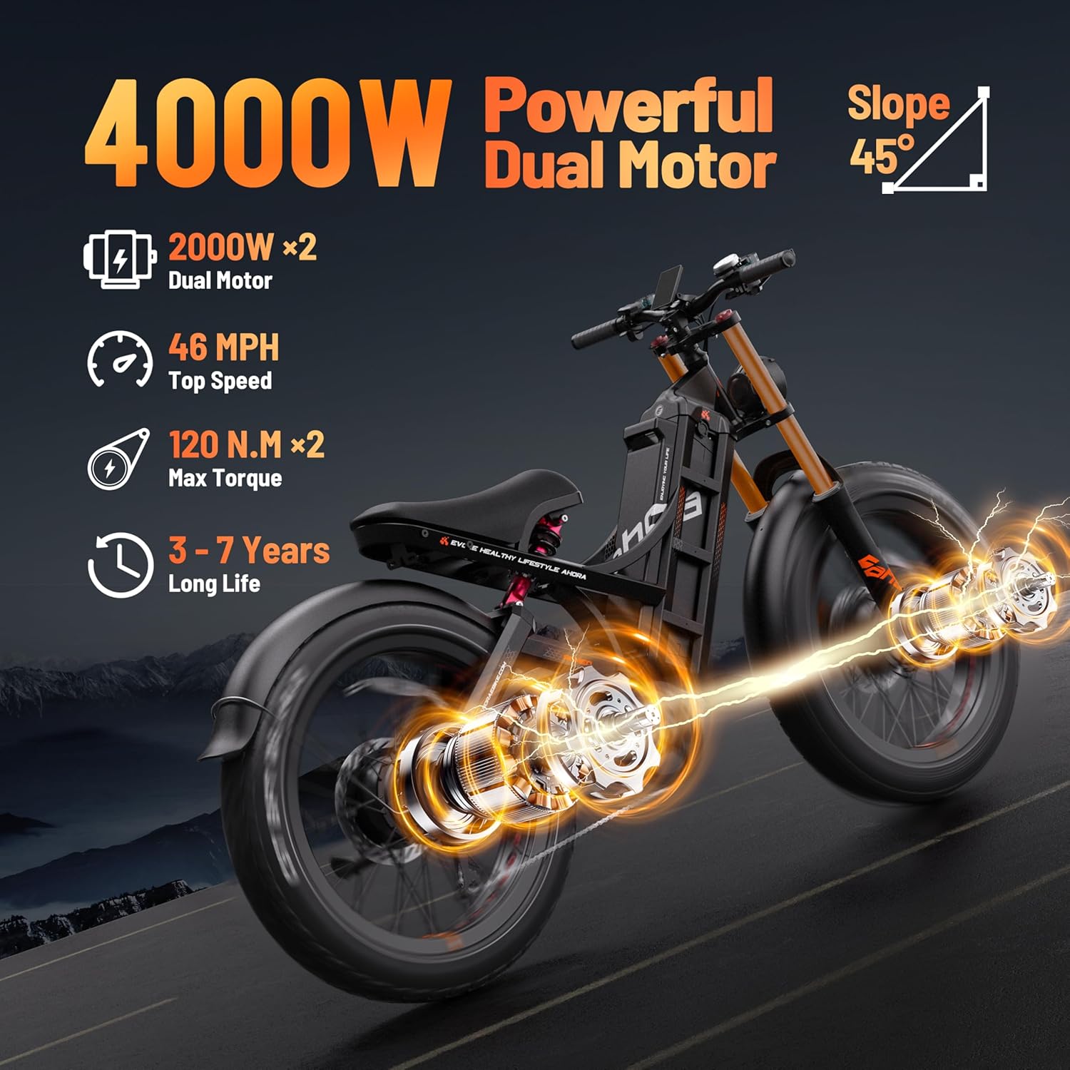 2025 Eahora Romeo Pro 2/Pro 3 46-50Mph Electric Bike for Adults, Peak 5600W/4000W Dual Motor Ebike, 60V 80Ah/52V 70Ah 235 Mile Long Range E Bike, 26*4.0" Fat Tire, Full Suspension, All Terrain, UL2849