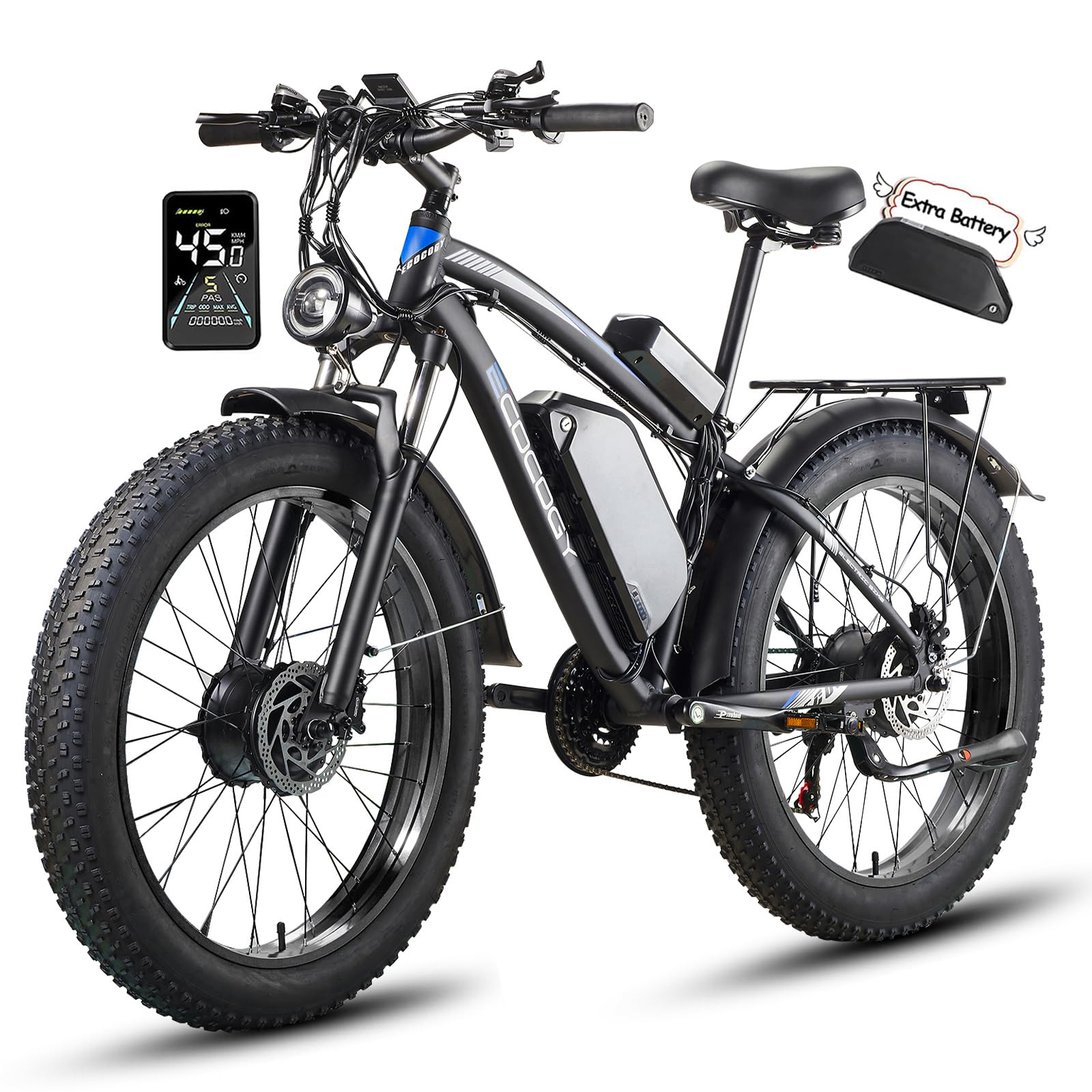 Dual Motor Electric Bikes for Adults, 5000W Peak Ebikes, 52V 32Ah, Max 40-45MPH &100 Miles E-Bike, Hydraulic Disc Brake , 26" Fat Tire Off Road Snow Mountain E-bikes, 7-Speed Pedal Assist Bicycle