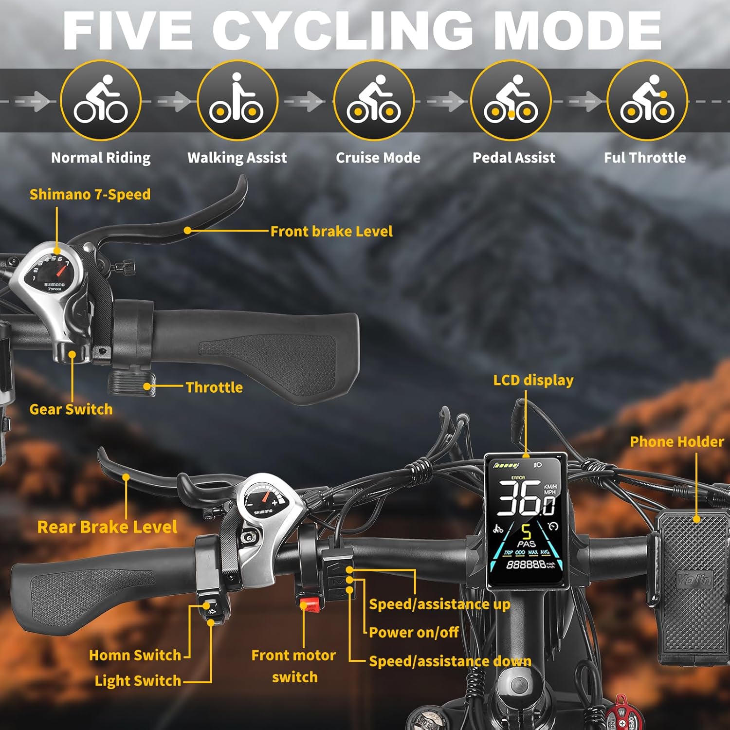 Dual Motor Electric Bikes for Adults, 5000W Peak Ebikes, 52V 32Ah, Max 40-45MPH &100 Miles E-Bike, Hydraulic Disc Brake , 26" Fat Tire Off Road Snow Mountain E-bikes, 7-Speed Pedal Assist Bicycle