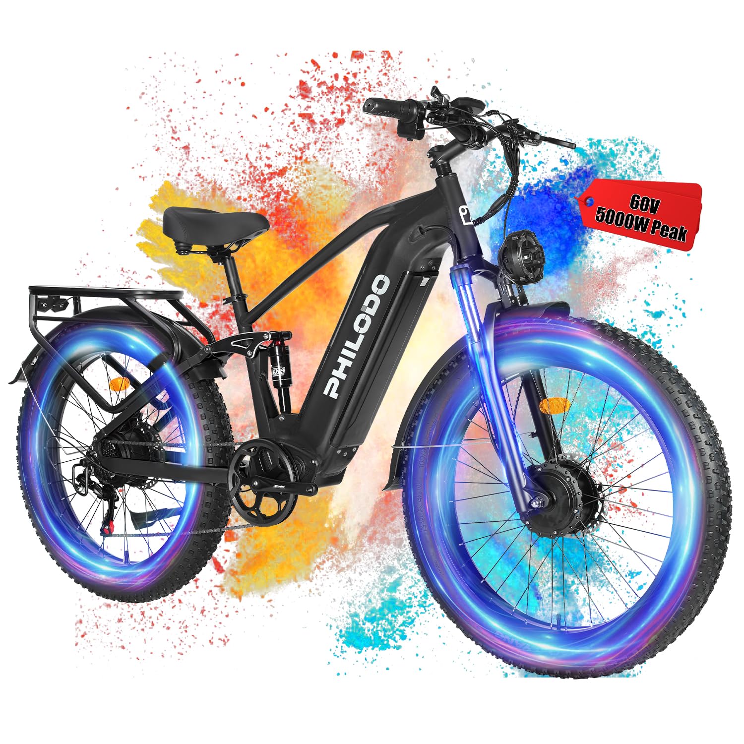 PHILODO Falcon 60V 32AH Off-Road Electric Bike 45MPH - 5000W Peak Dual Motor Hunting Ebike, Fat Tire Full Suspension Dirt Bike for Adults, Long Range Snow/Sand Electric Bicycle