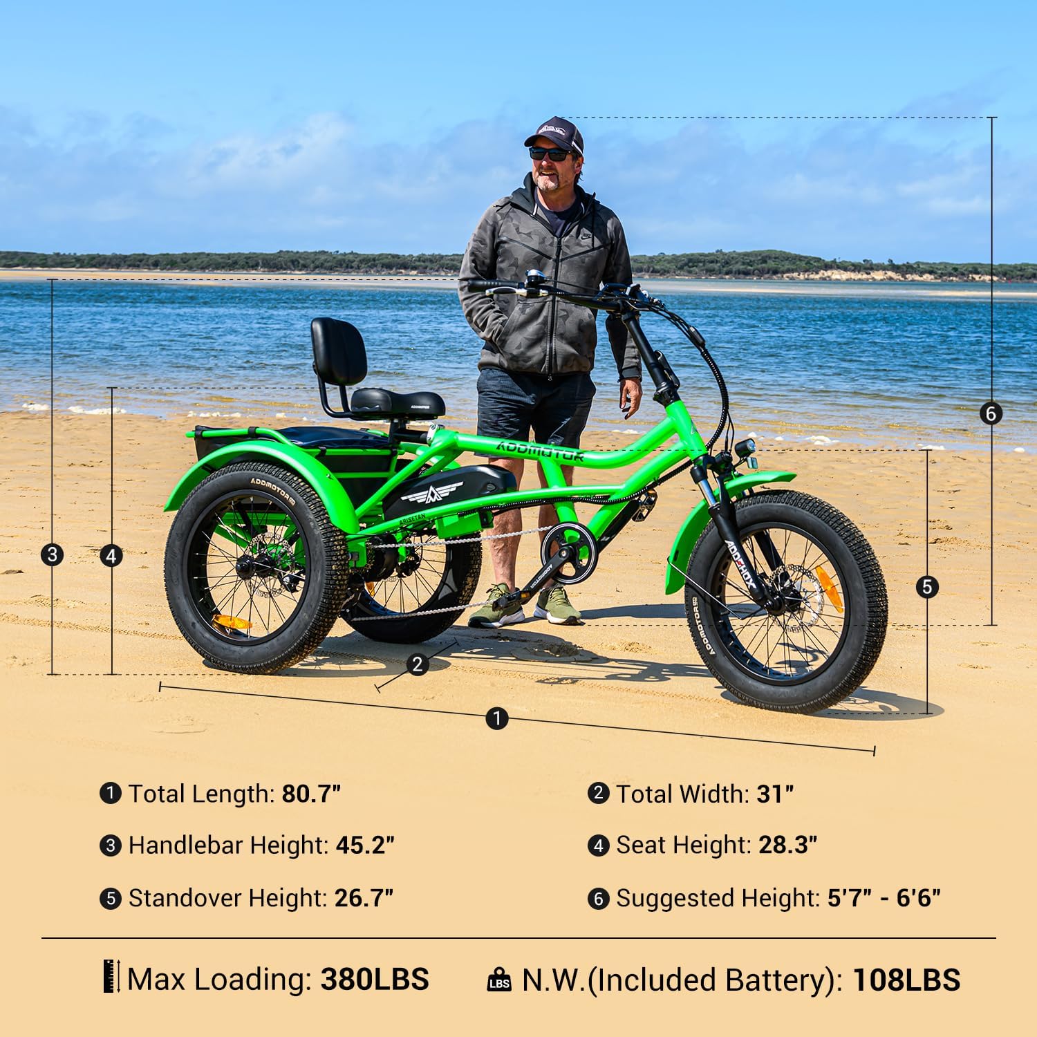ADDMOTOR ARISETAN Electric Trike for Adults, 750W Rear Motor Electric Tricycle, 85MI 48V 20AH UL2849 Etrike, 380lbs, Semi-Recumbent Three Wheel Electric Bike for Seniors, Parking Brake & Differential