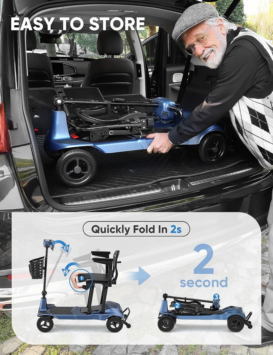 Mobility Scooters for Adults & Seniors - Ultra Lightweight 27.5 lbs Carbon Fiber Folding Electric Scooter - Airlines Approved All-Terrain Portable Scooter with Basket and Charger Included-Blue