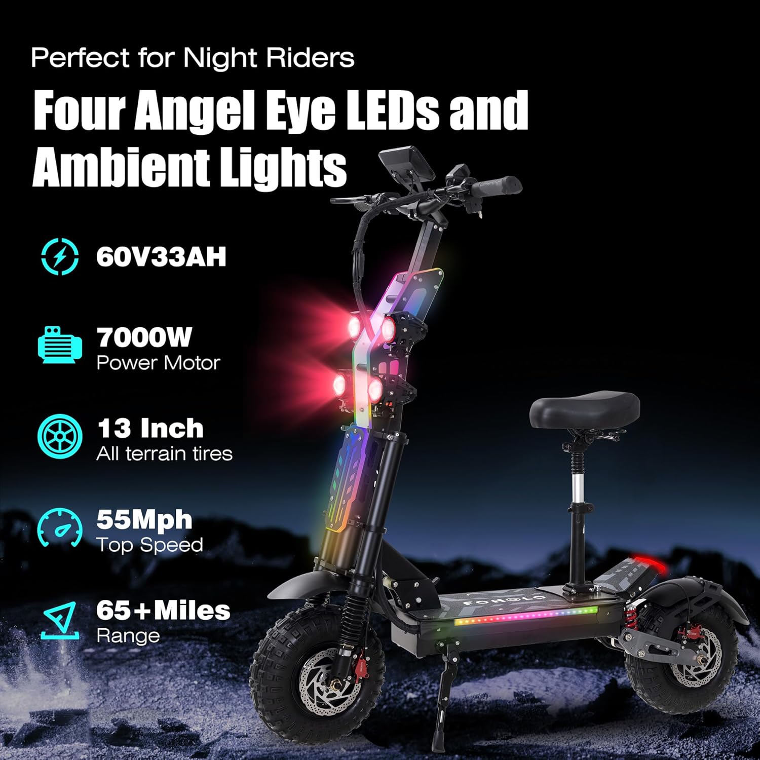 Electric Scooter Adult, 7000W Motor, 60V 33Ah Battery, 55 mph, Max 65 Miles Range, Hydraulic Suspension, Hydraulic Brakes, 13"All Terrain Tires, Adjustable Handlebar Height, Folding EScooter with Seat