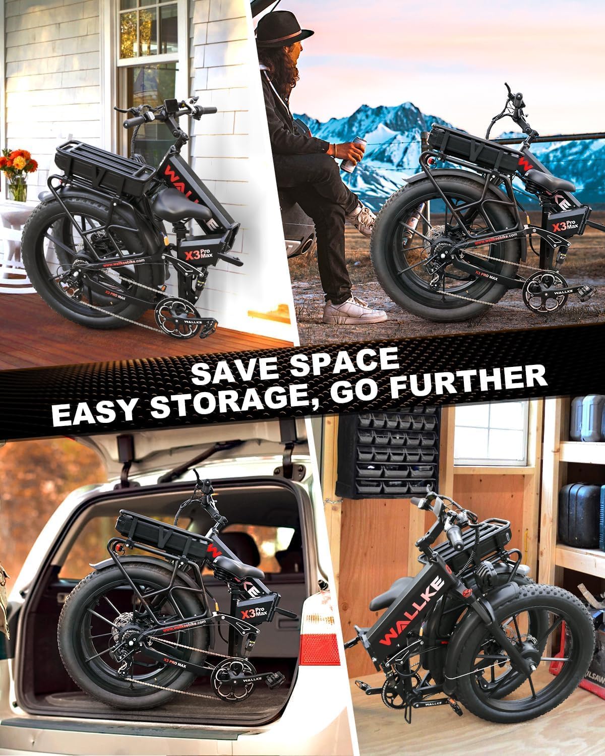 W Wallke Dual Motor 2800W Folding Mountain Electric Bike, 48V 44Ah/22Ah Battery Long Range E-Bike, 26" x 4" Fat Tire 31-35MPH Fast Adult Ebike, Full Suspension All Terrain Off Road Snow Beach, UL2849