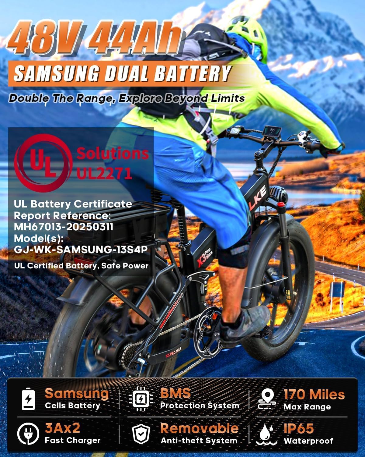 W Wallke Dual Motor 2800W Folding Mountain Electric Bike, 48V 44Ah/22Ah Battery Long Range E-Bike, 26" x 4" Fat Tire 31-35MPH Fast Adult Ebike, Full Suspension All Terrain Off Road Snow Beach, UL2849