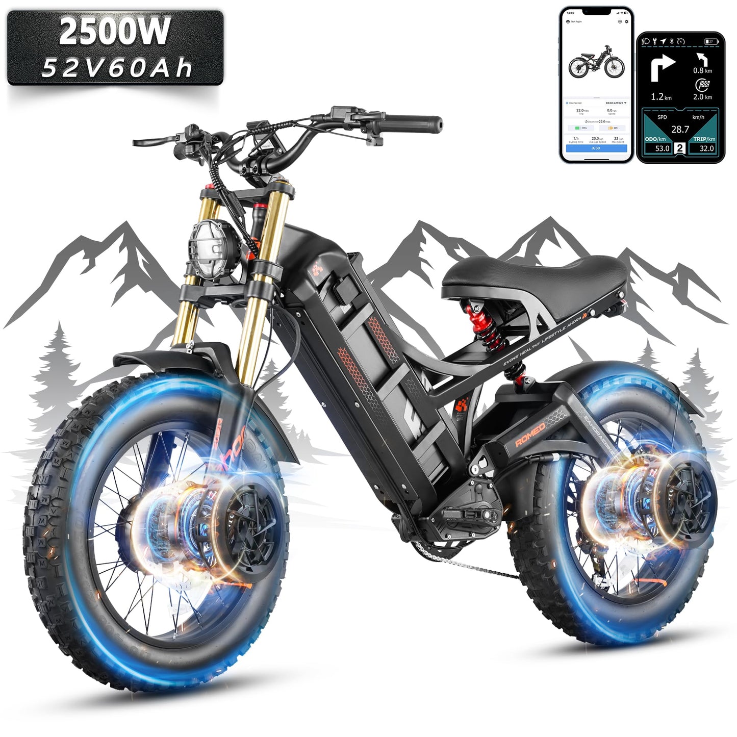 2025 Eahora Romeo Pro 2/Pro 3 46-50Mph Electric Bike for Adults, Peak 5600W/4000W Dual Motor Ebike, 60V 80Ah/52V 70Ah 235 Mile Long Range E Bike, 26*4.0" Fat Tire, Full Suspension, All Terrain, UL2849
