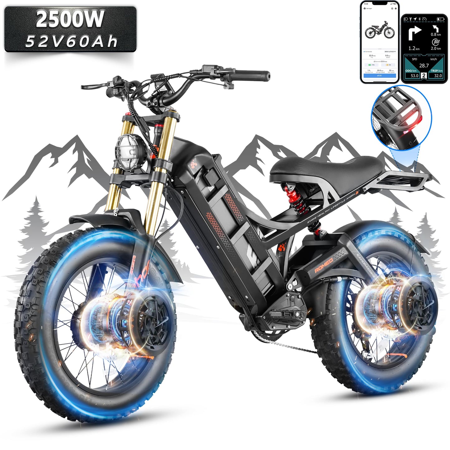 2025 Eahora Romeo Pro 2/Pro 3 46-50Mph Electric Bike for Adults, Peak 5600W/4000W Dual Motor Ebike, 60V 80Ah/52V 70Ah 235 Mile Long Range E Bike, 26*4.0" Fat Tire, Full Suspension, All Terrain, UL2849